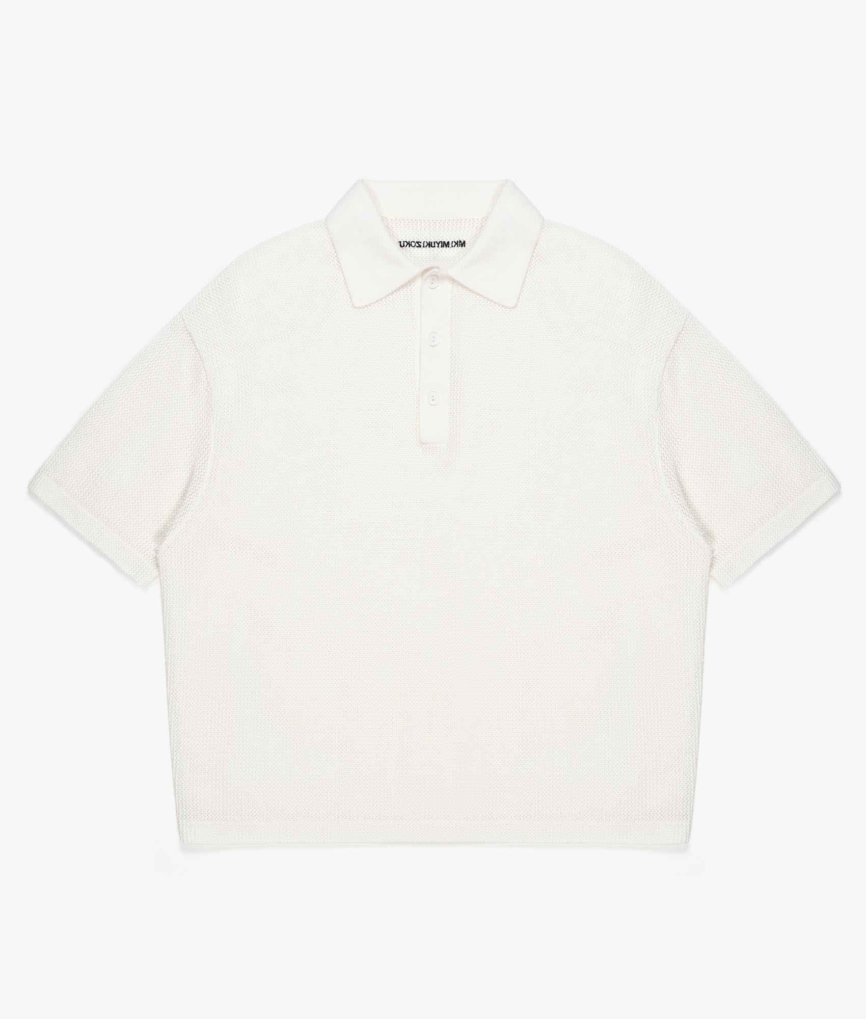 Oversized Loose Gauge Polo Shirt in Off White by MKI MIYUKI ZOKU. EQVVS Front Flat Shot. 