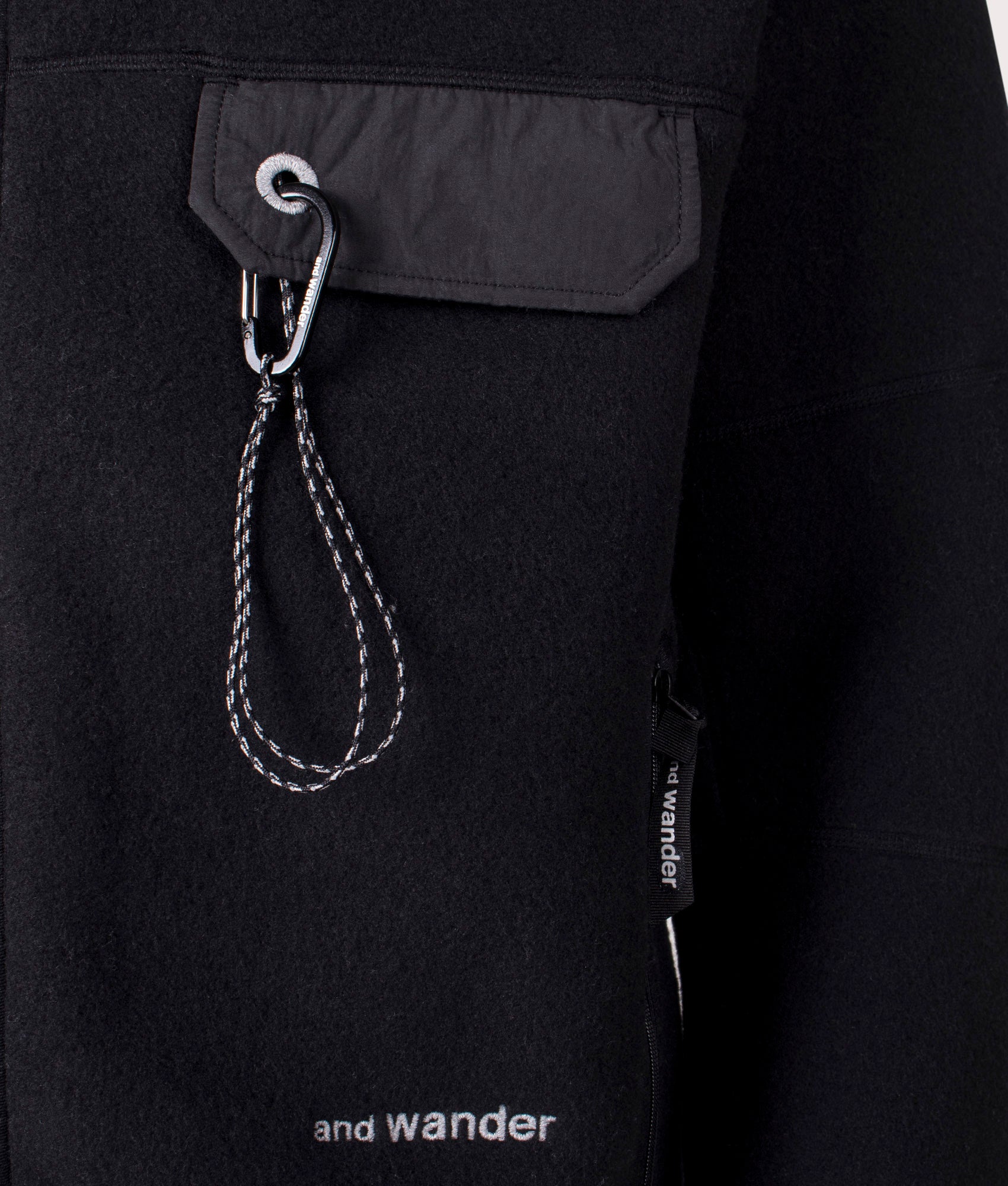 Wool Fleece Cardigan Black and wander. Shot at EQVVS. Detail shot. 
