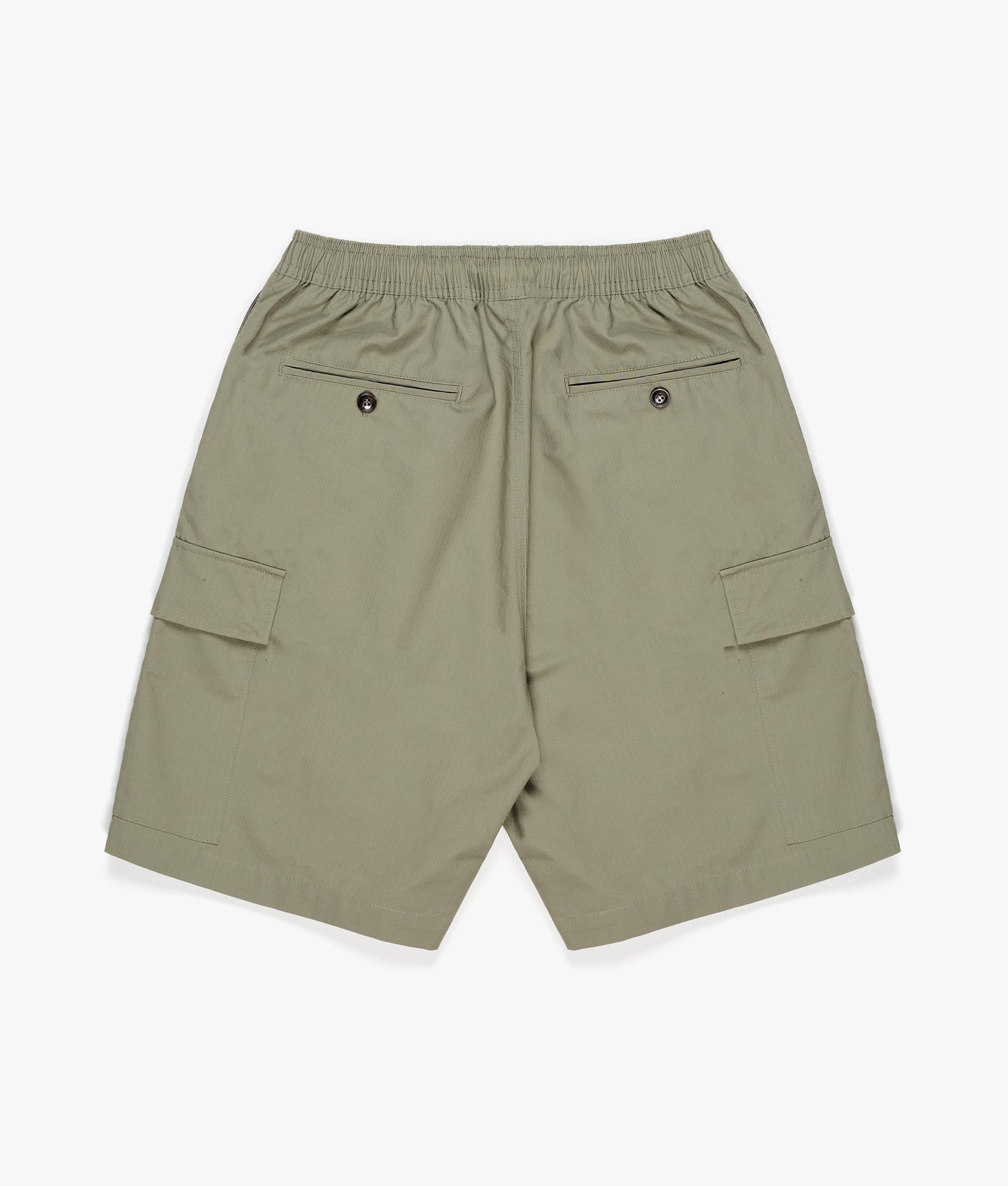Relaxed Fit Ripstop Cargo Shorts in Sage Green by MKI MIYUKI ZOKU. EQVVS Back Flat Shot.