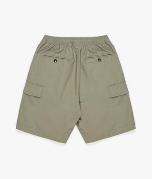 Relaxed Fit Ripstop Cargo Shorts in Sage Green by MKI MIYUKI ZOKU. EQVVS Back Flat Shot.