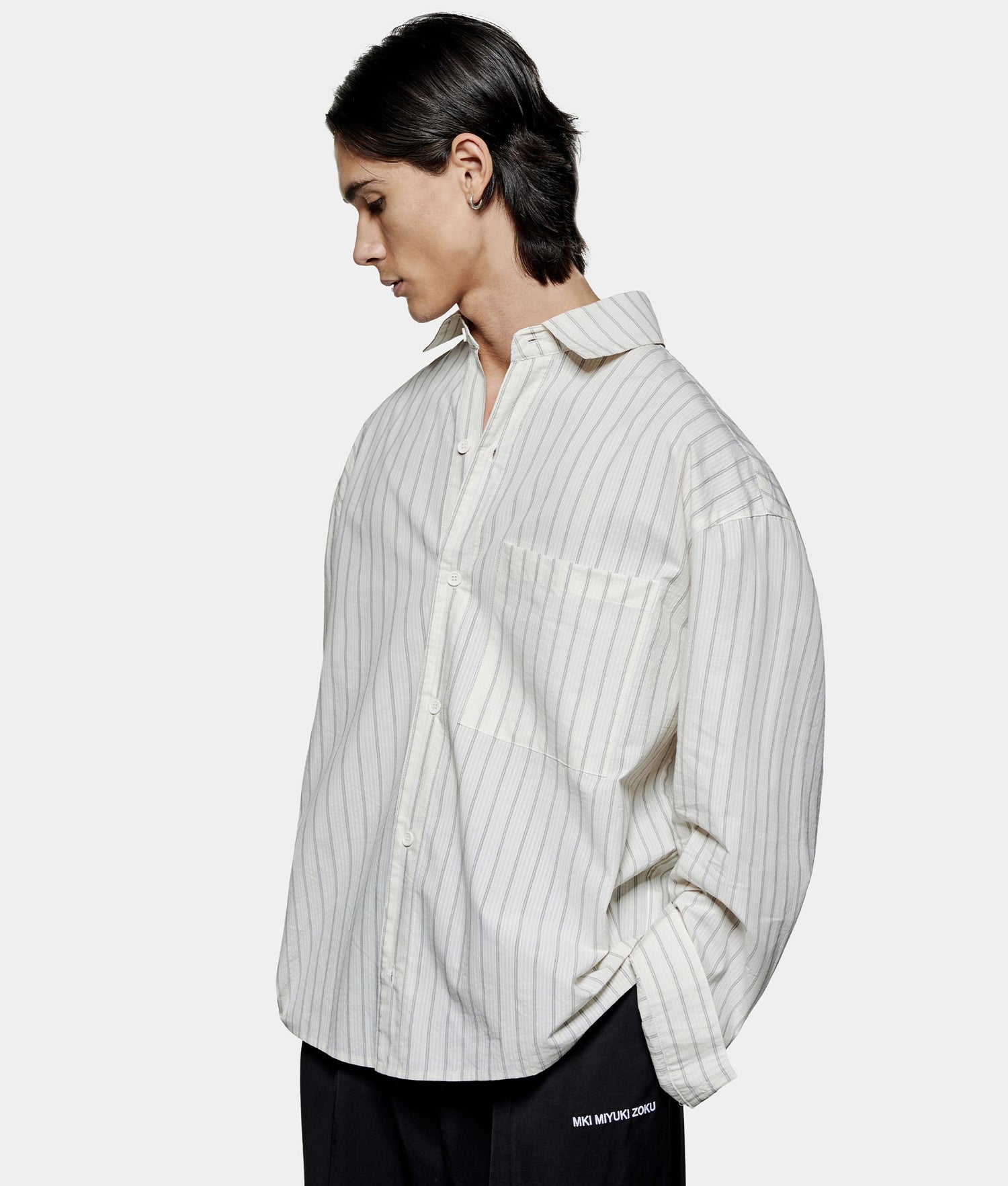 Box Dress Shirt in Off White Stripe | MKI MIYUKI ZOKU | EQVVS