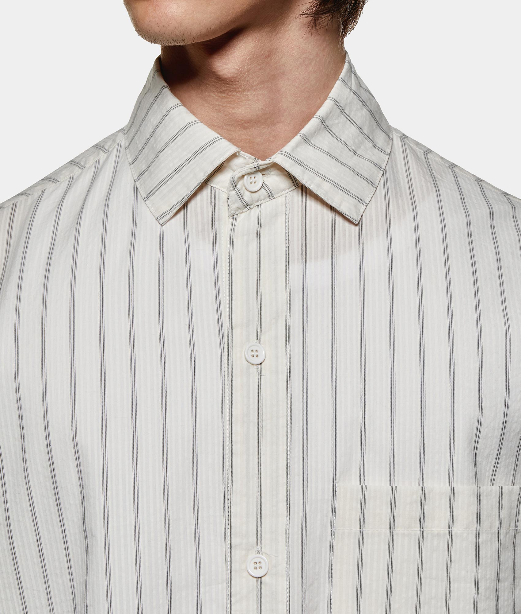 Box Dress Shirt. Shot by EQVVS. Front model detail shot.
