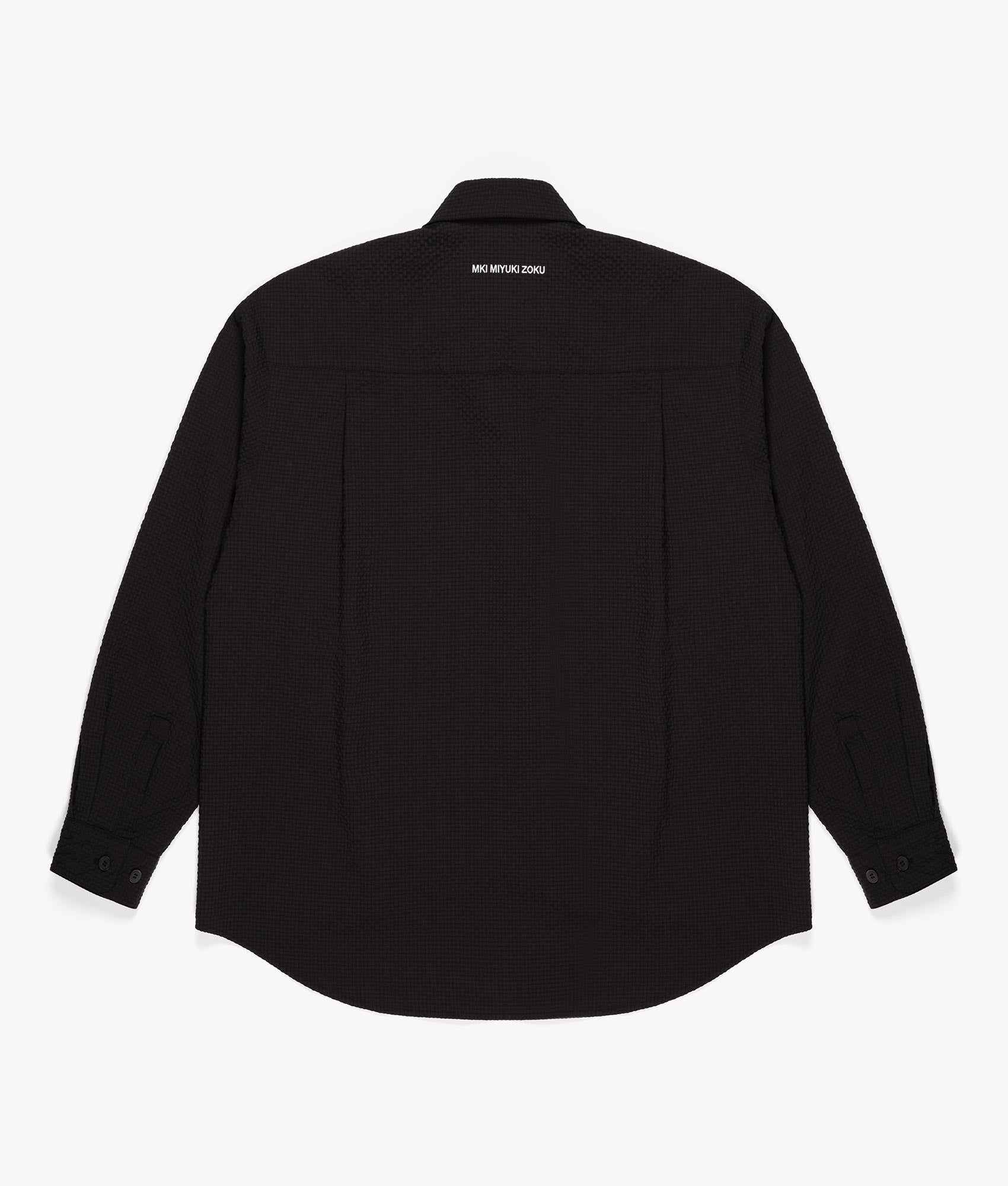 Oversized Seersucker Dress Shirt in Black by MKI MIYUKI ZOKU. EQVVS Back Flat Shot.