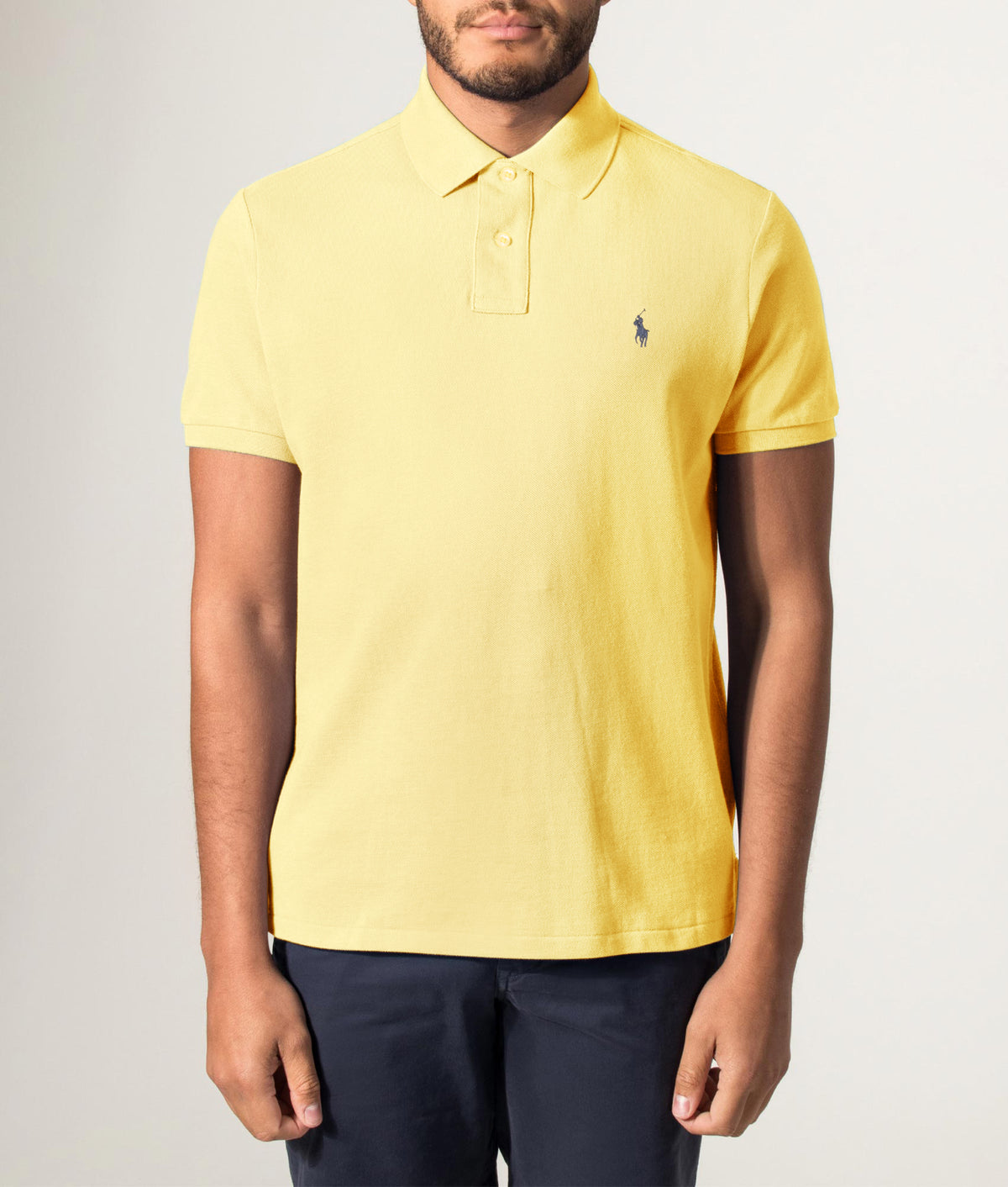 Polo Ralph Lauren Custom Slim Fit Mesh Polo Shirt in Wicket Yellow at EQVVS Menswear. Front model shot.