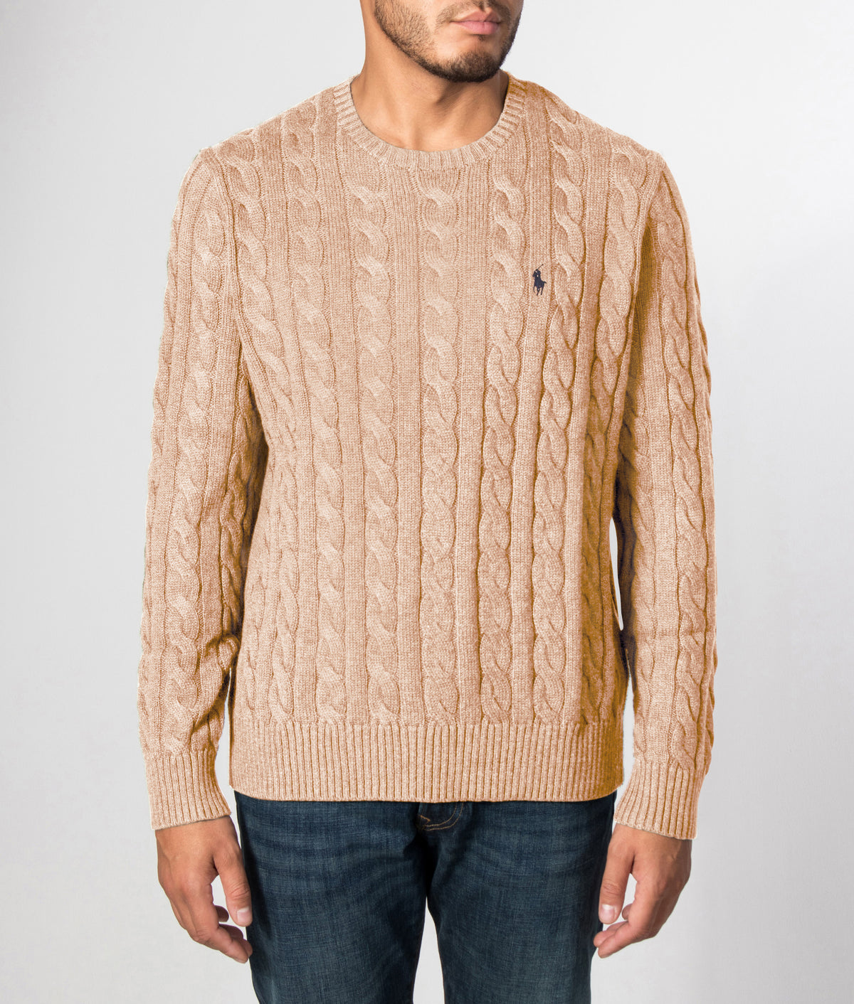 Cable-Knit-Cotton-Jumper-Camel-Melange-Polo-Ralph-Lauren-EQVVS. Front model shot