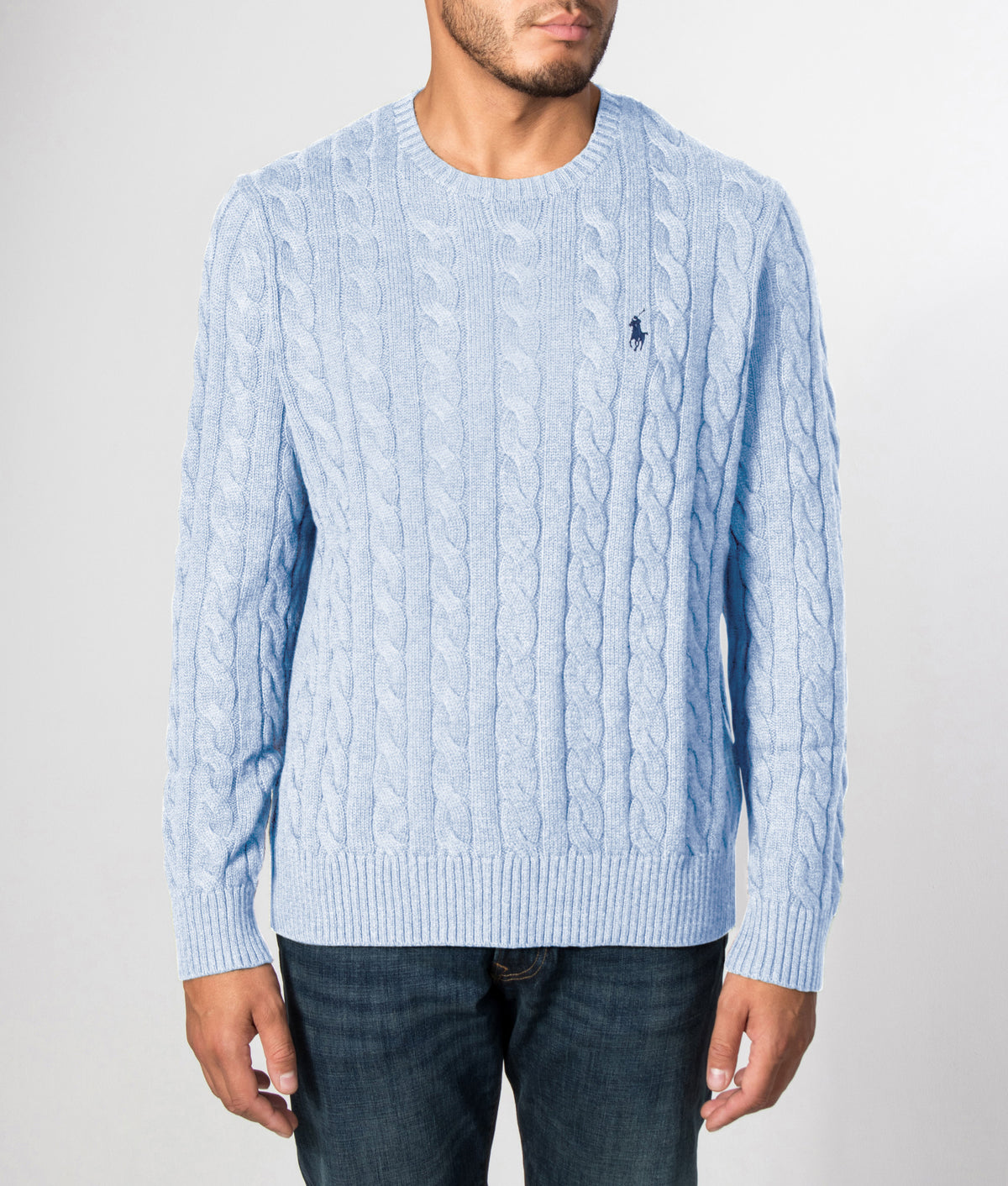 Polo Ralph Lauren Regular Fit Cable Knit Cotton Jumper in Blue Hyacinth Heather at EQVVS Menswear. Front model shot.