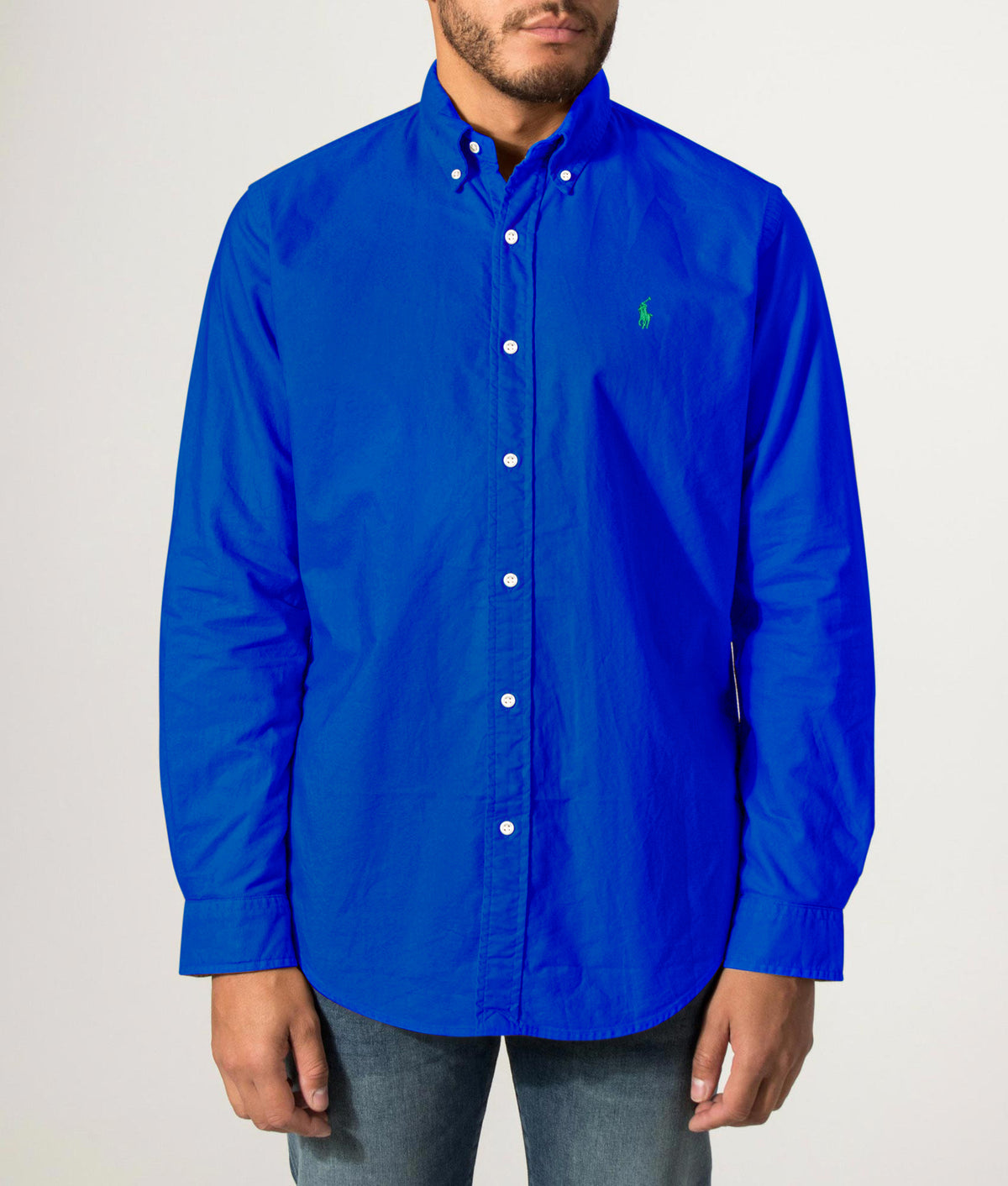 Polo Ralph Lauren Custom Fit Garment-Dyed Oxford Shirt in Pacific Royal at EQVVS Menswear. Front model shot.