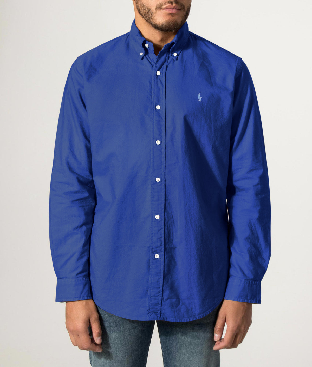 Polo Ralph Lauren Custom Fit Garment-Dyed Oxford Shirt in Blue Yatch at EQVVS Menswear. Front model shot.