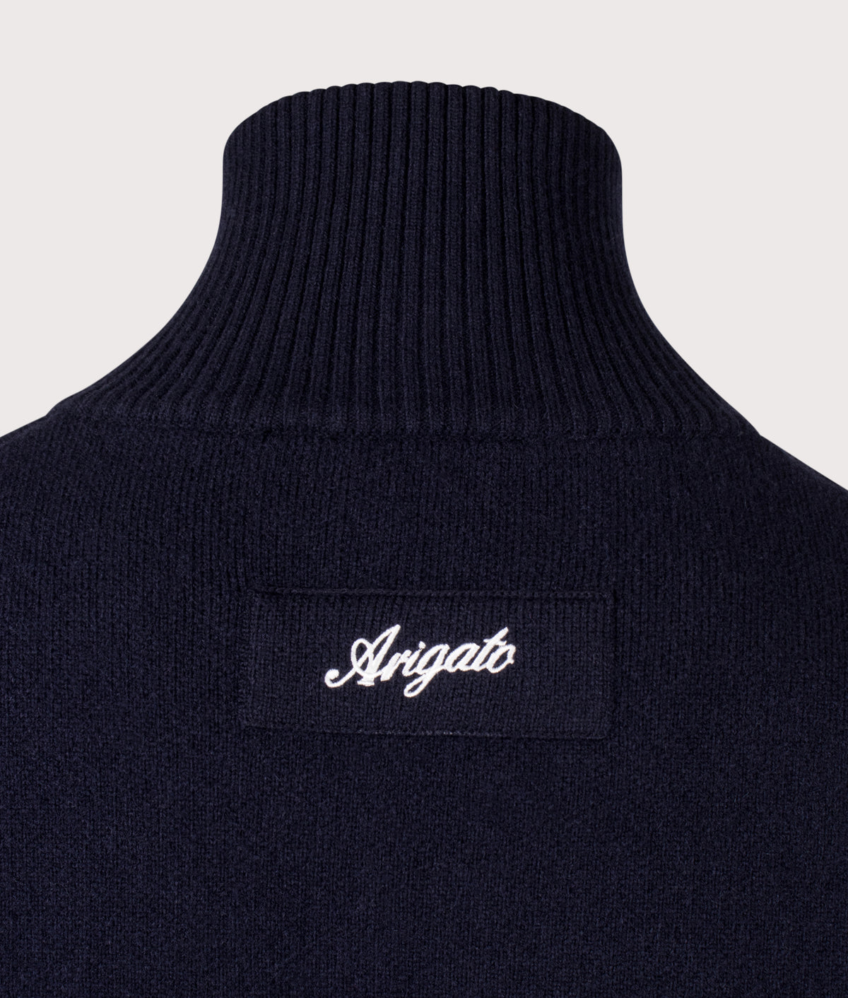 Axel Arigato Oversized Fit Core Zip Through Knit Jumper in Navy at EQVVS Menswear. Back detail shot.