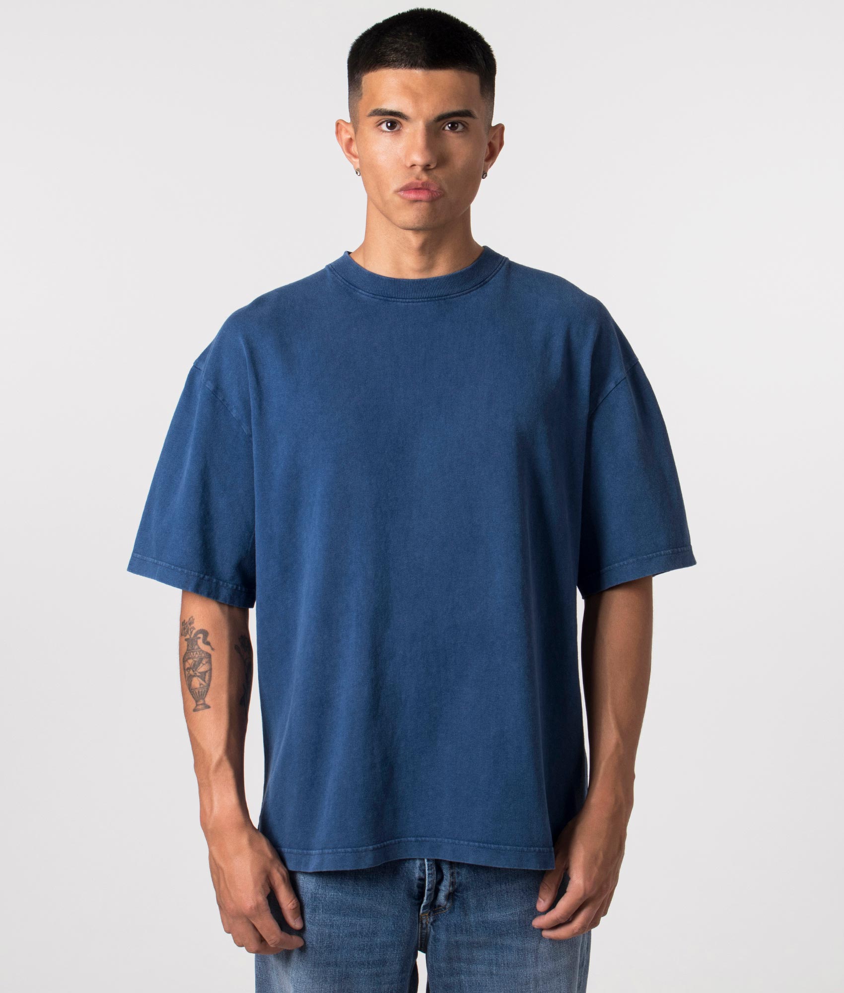 Typo Summer T-Shirt in Blue by Axel Arigato. EQVVS Menswear Front Model Shot. 