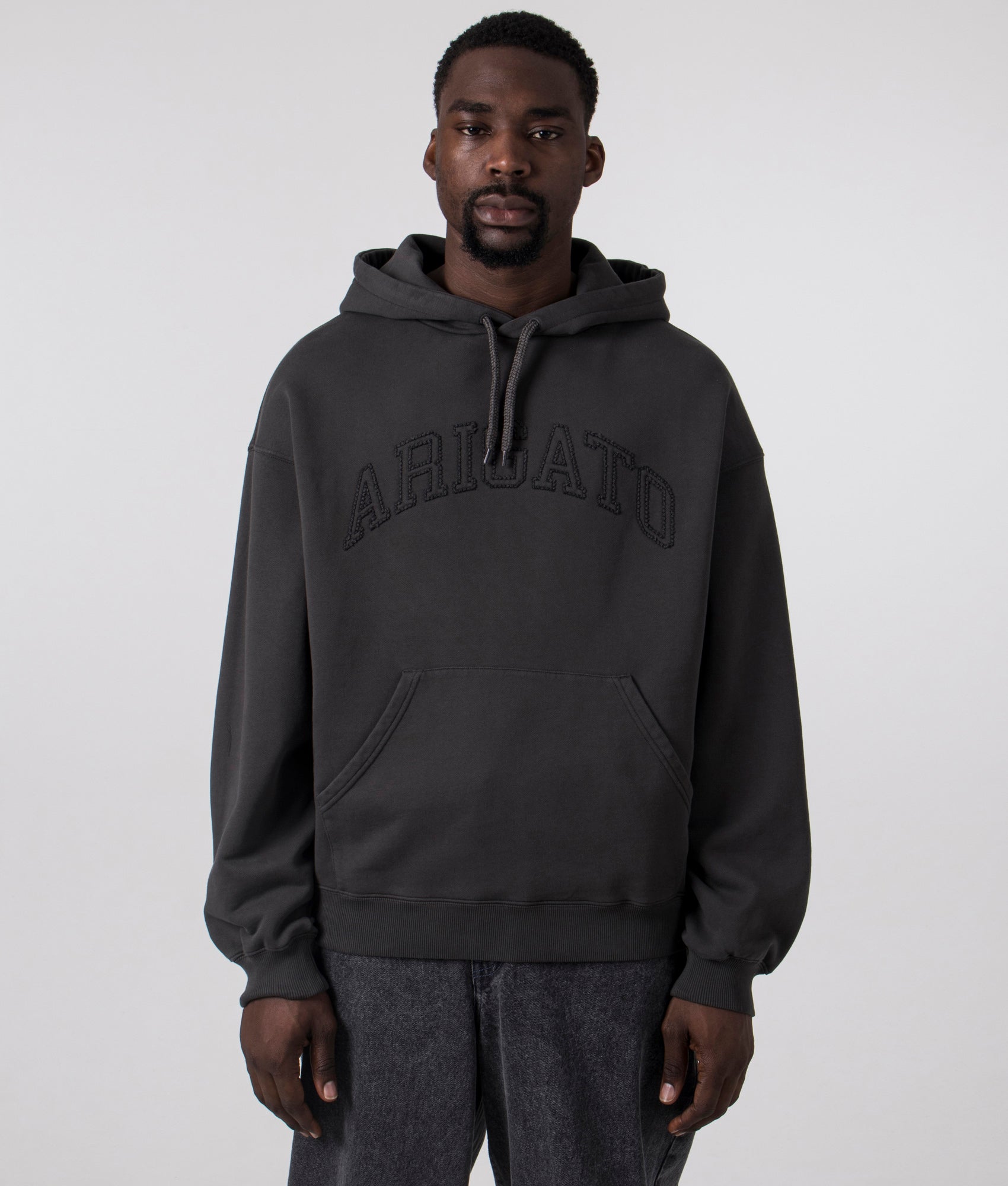 Axel Arigato Motto Hoodie in Dark Grey. Shot at EQVVS. Front shot. 