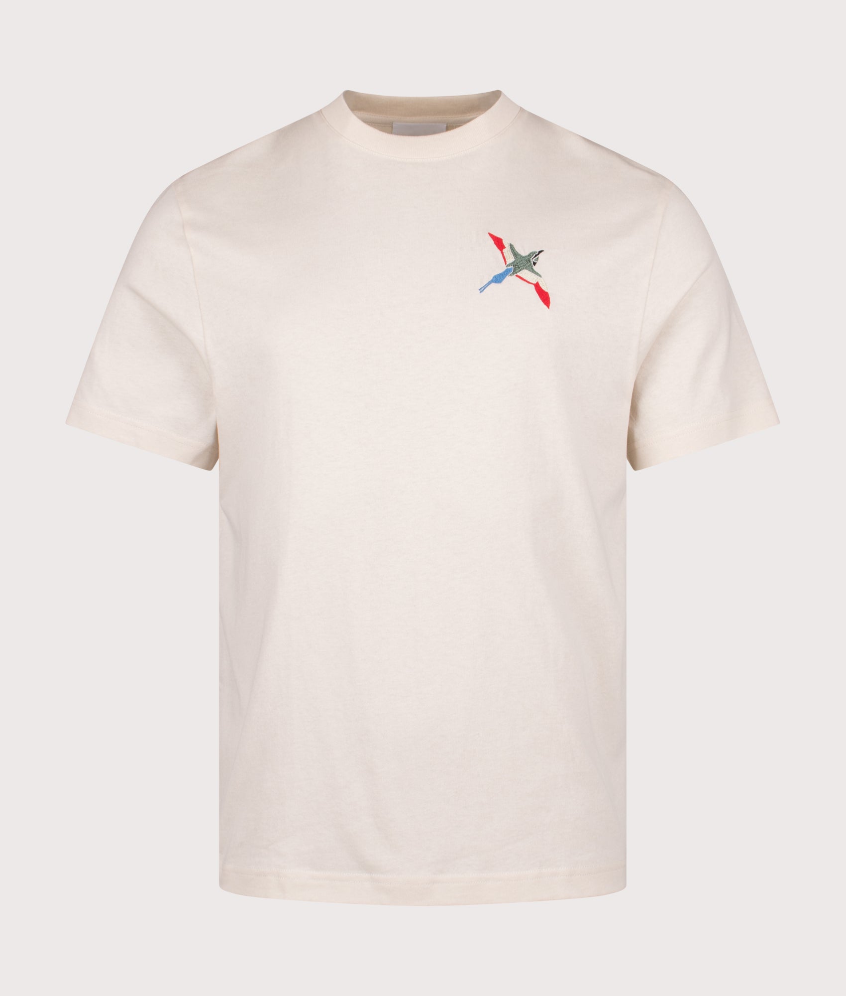 Micro Bee Bird T-Shirt by Axel Arigato in Pale Beige. Short by EQVVS. Front shot.