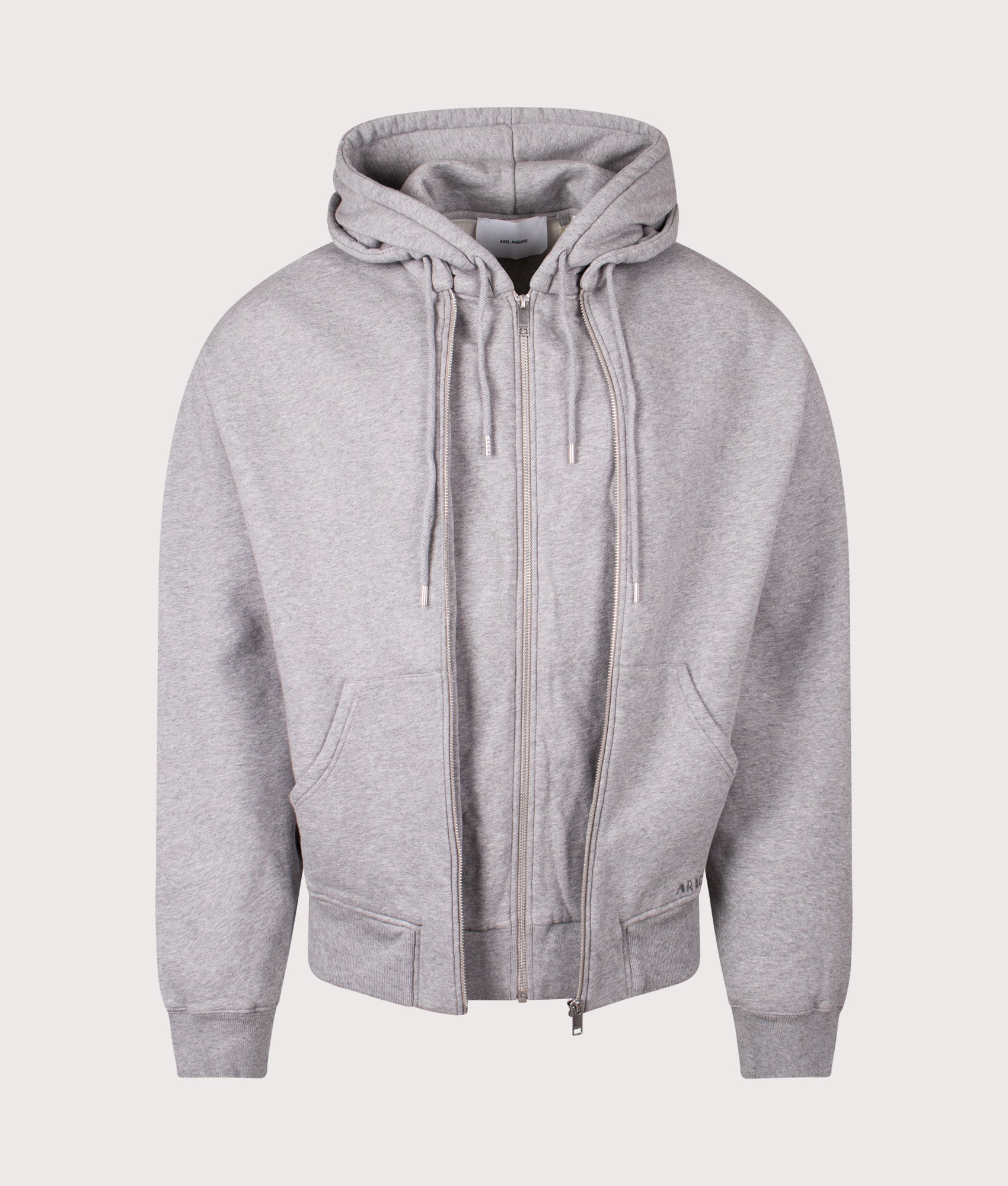 Trey Mélange Hoodie by Axel Arigato in Grey Melange. Shot by EQVVS. Front Zip shot.