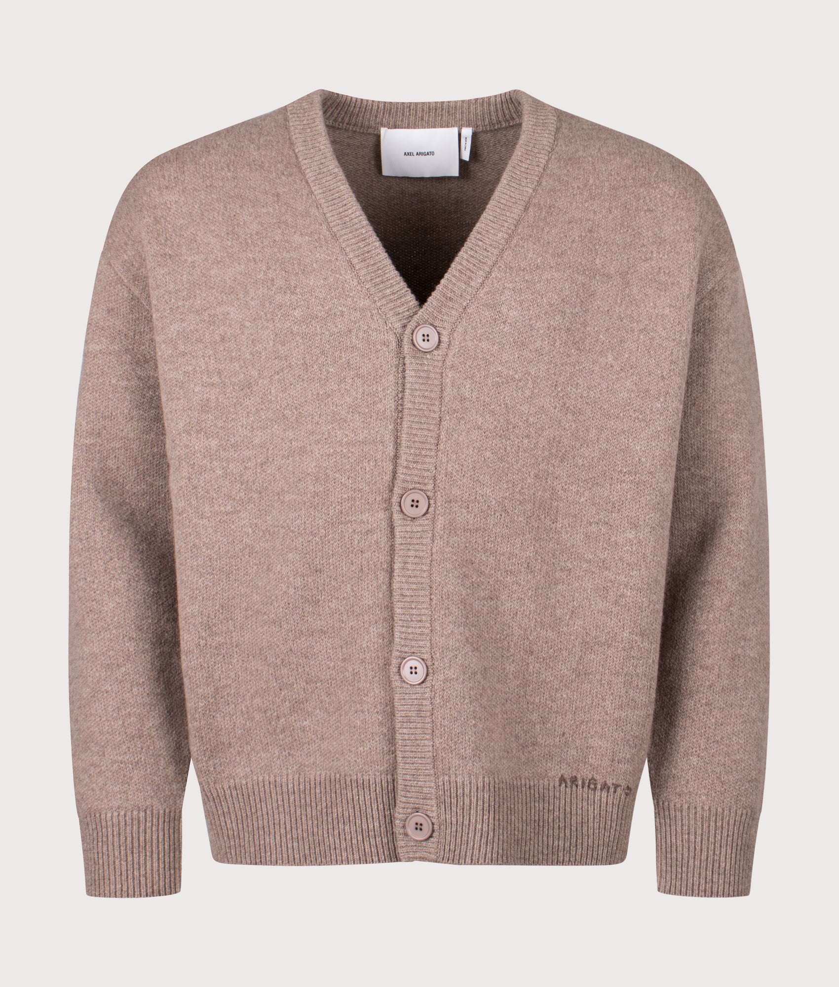 Milo Cardigan by Axel Arigato in Stone Brown. Shot by EQVVS. Front shot.