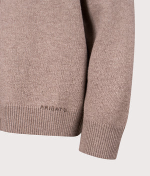 Milo Cardigan by Axel Arigato in Stone Brown. Shot by EQVVS. Detail shot.