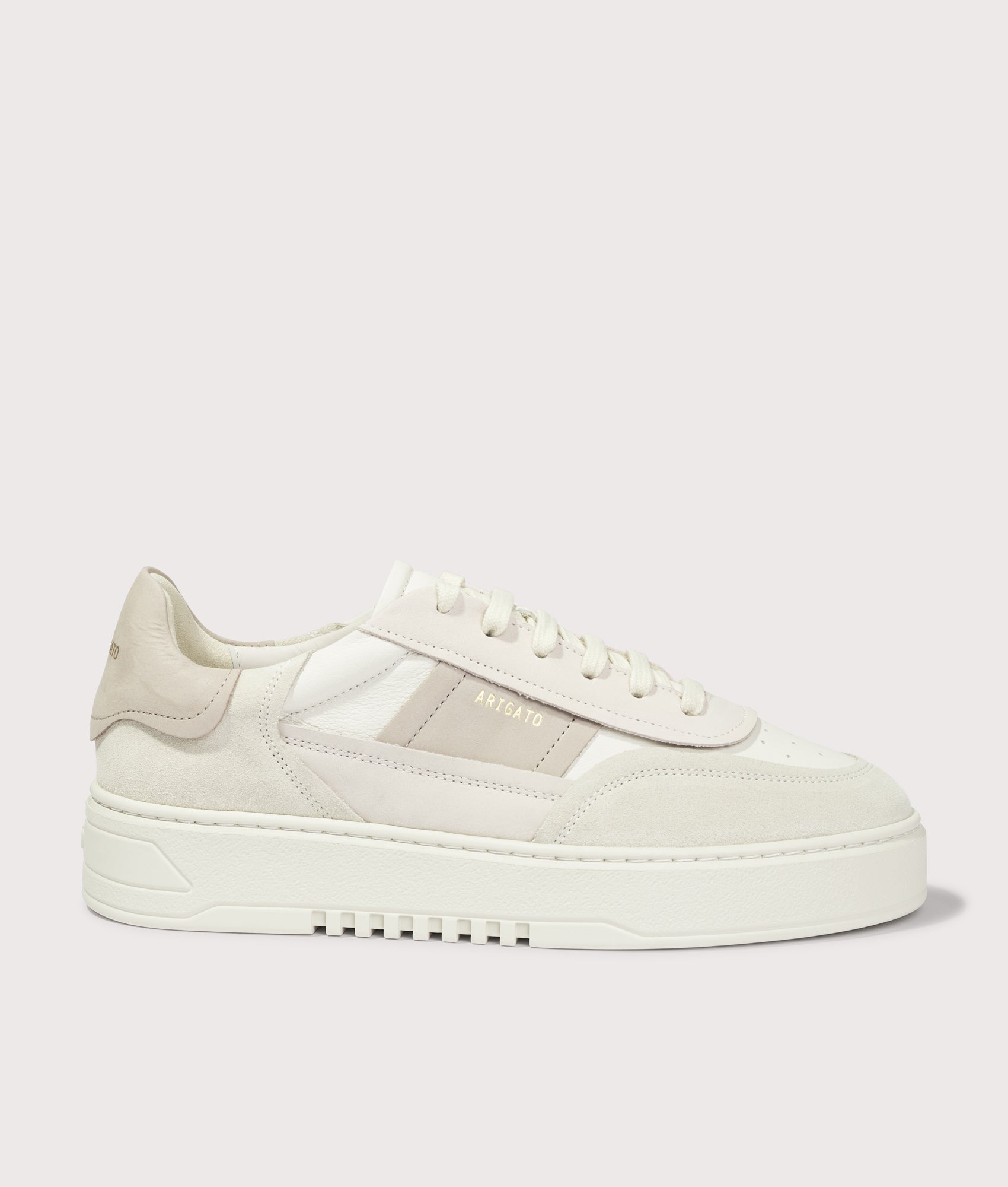 Axel Arigato Orbit Edge sneaker in Light Beige and Light Taupe at EQVVS Menswear. Side shot.