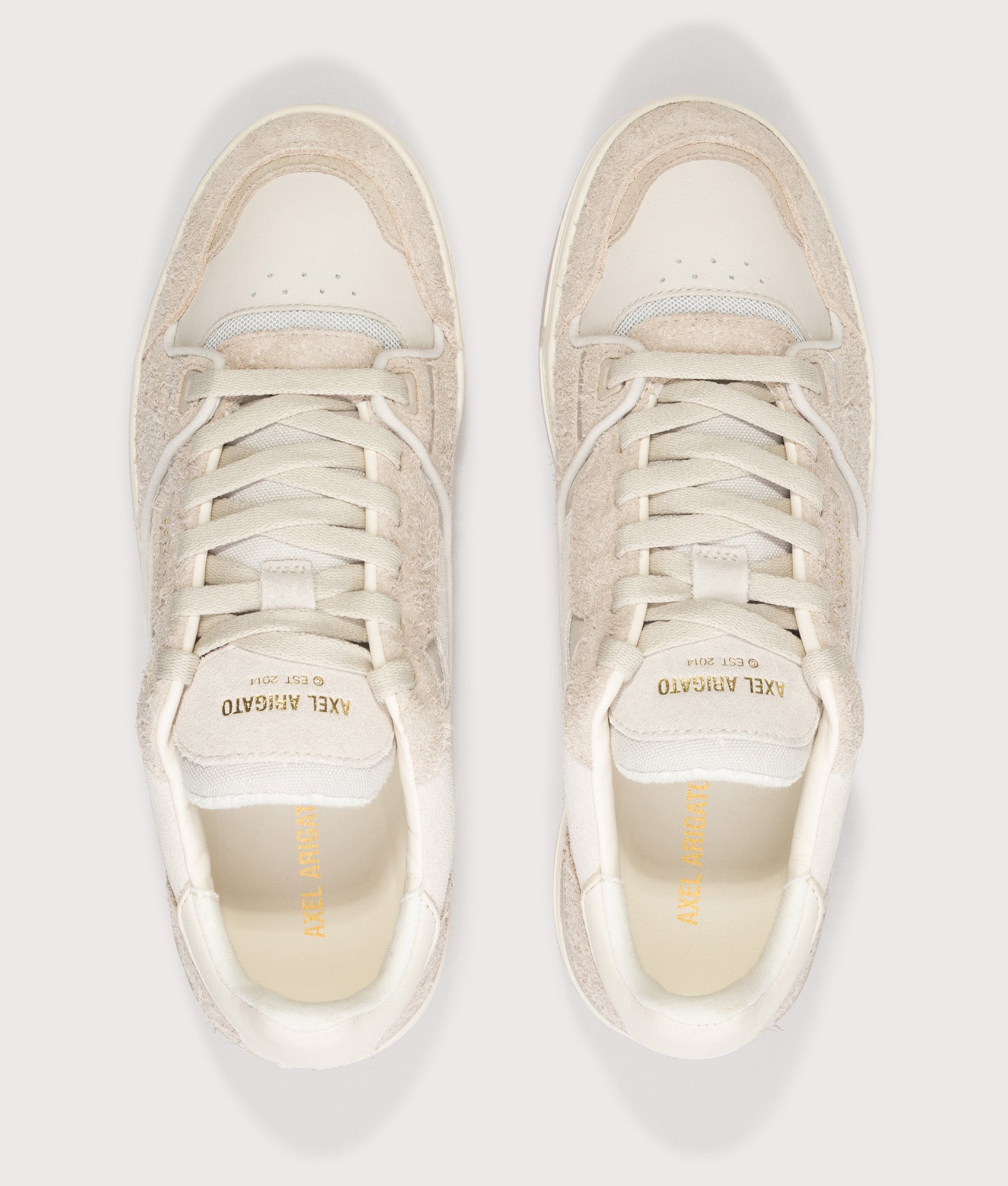 Axel Arigato Clay Sneakers in Beige and Light Taupe at EQVVS Menswear. Top shot. 