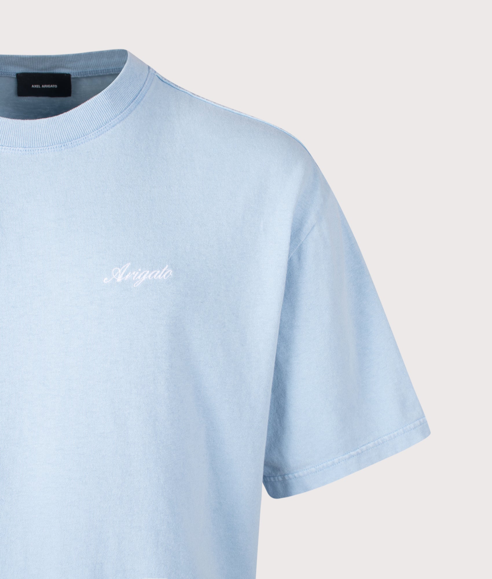 Oversized Fit Honor Washed T-Shirt in Powder Blue | 100% Cotton | Axel Arigato | EQVVS | Front detail shot 