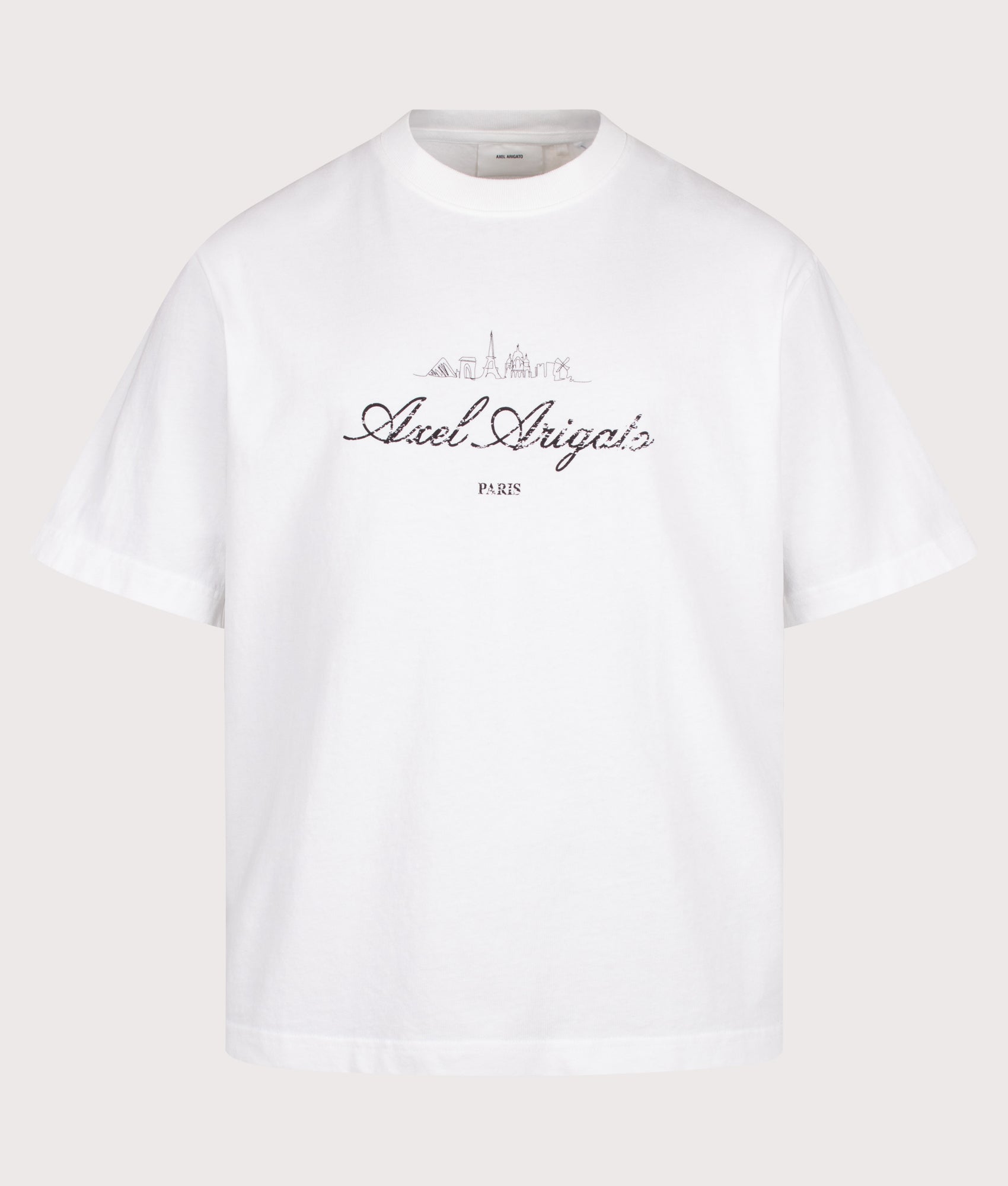 Axel Arigato Oversized Fit Paris Sky T-Shirt in White at EQVVS Menswear. Front shot.