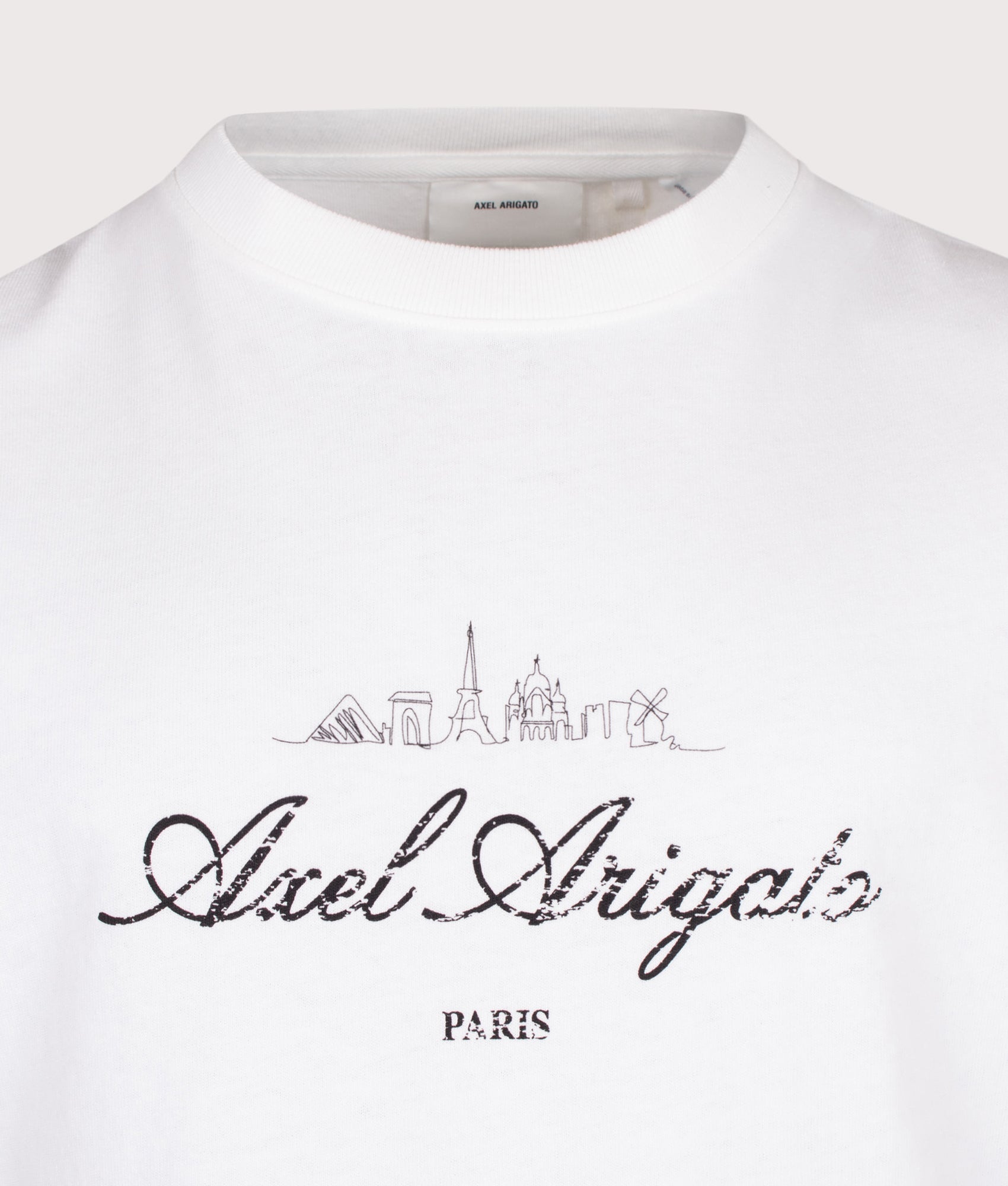 Axel Arigato Oversized Fit Paris Sky T-Shirt in White at EQVVS Menswear. Detail shot.