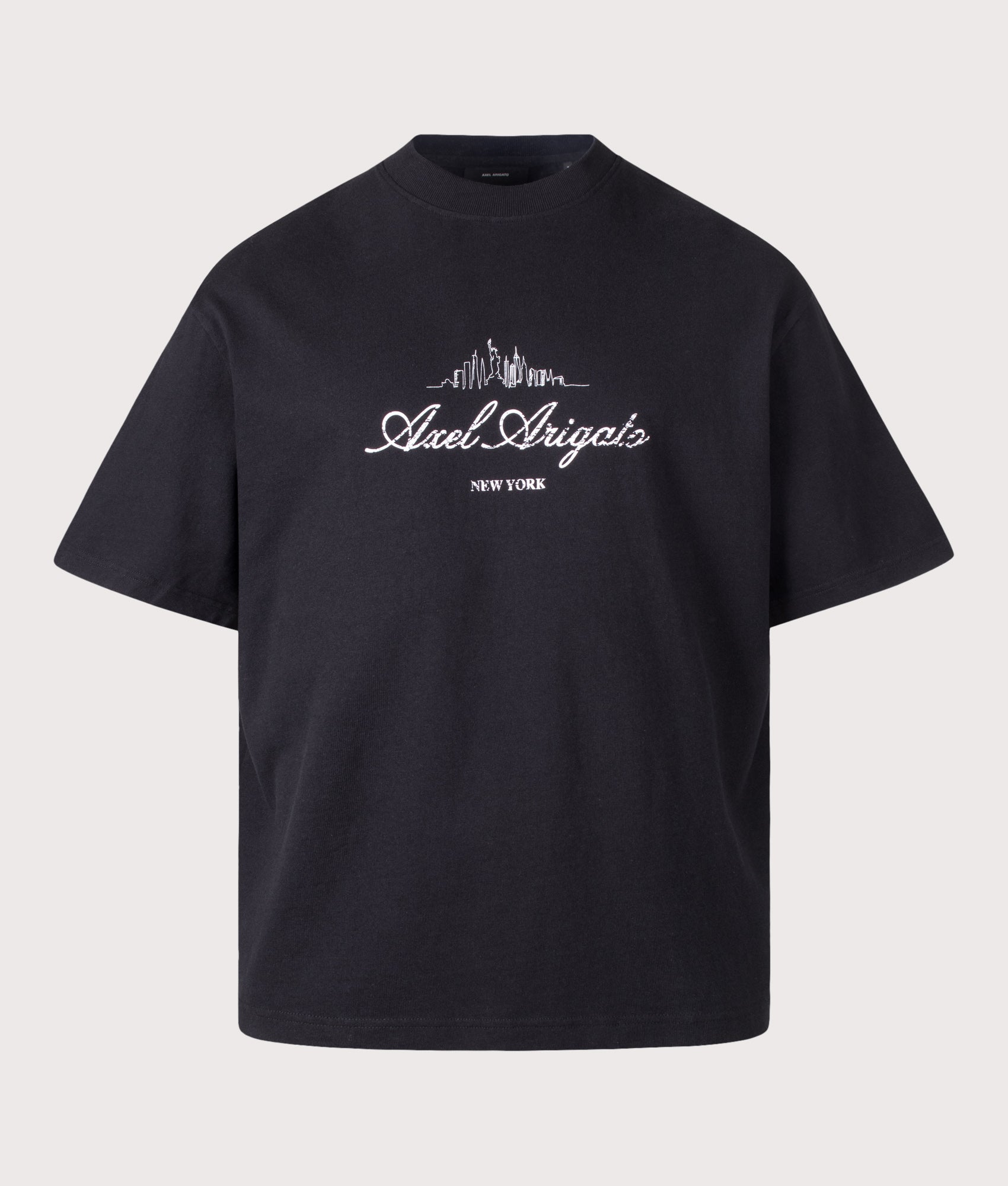 Axel Arigato Oversized Fit NYC Sky T-Shirt in Black at EQVVS Menswear. Front shot.