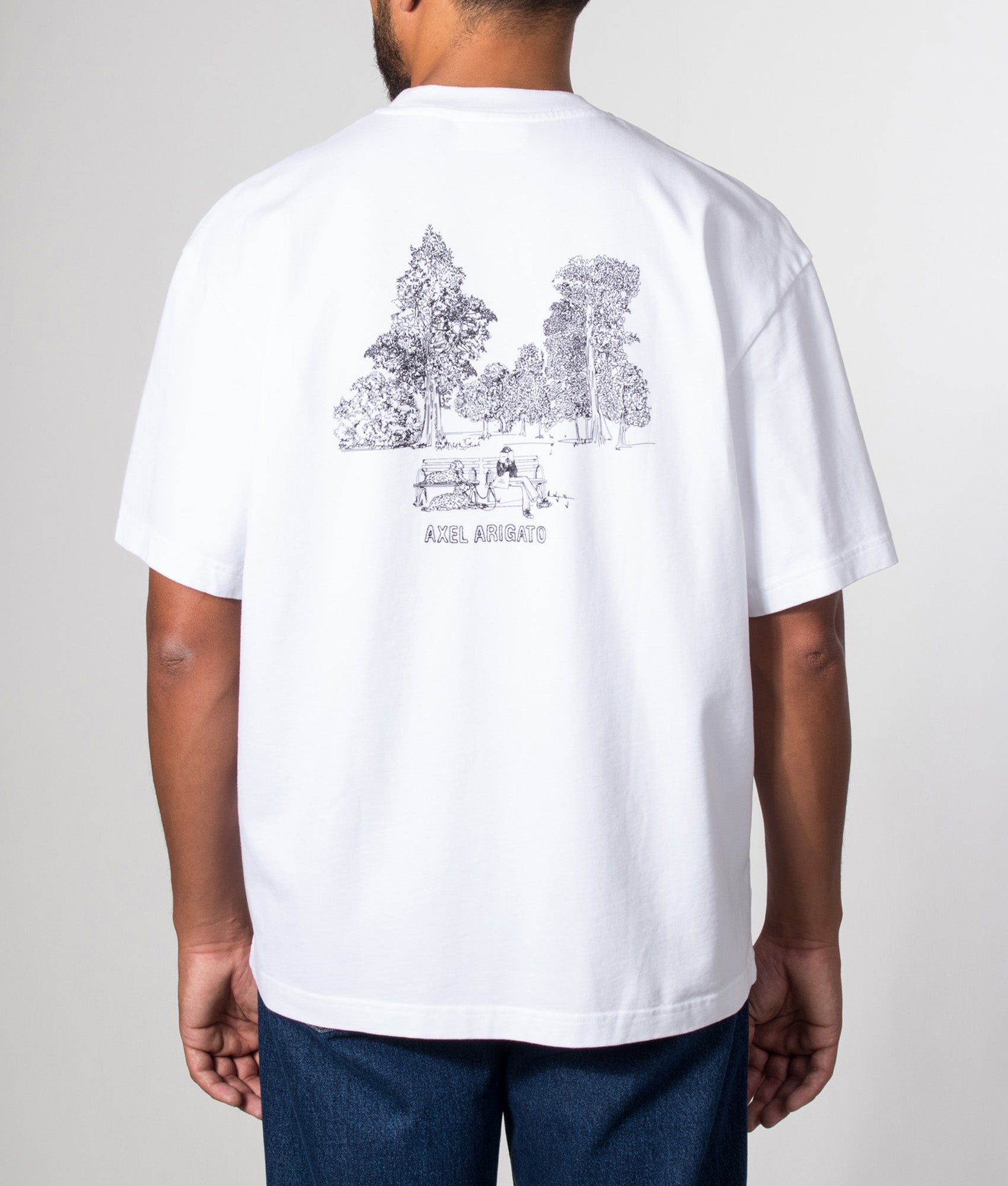 Axel Arigato Oversized Fit Forest Sketch T-Shirt in White at EQVVS Menswear. Model back shot.