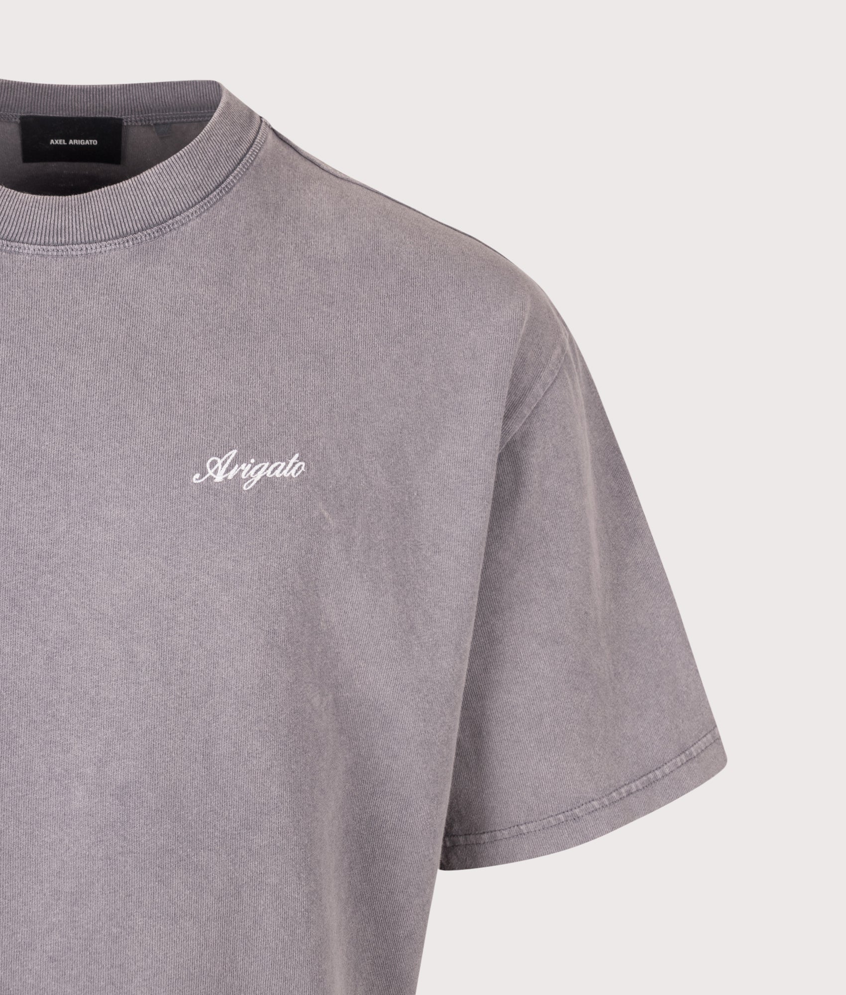 Axel Arigato Oversized Fit Honor Washed T-Shirt in Smoke Grey at EQVVS Menswear. Detail shot.