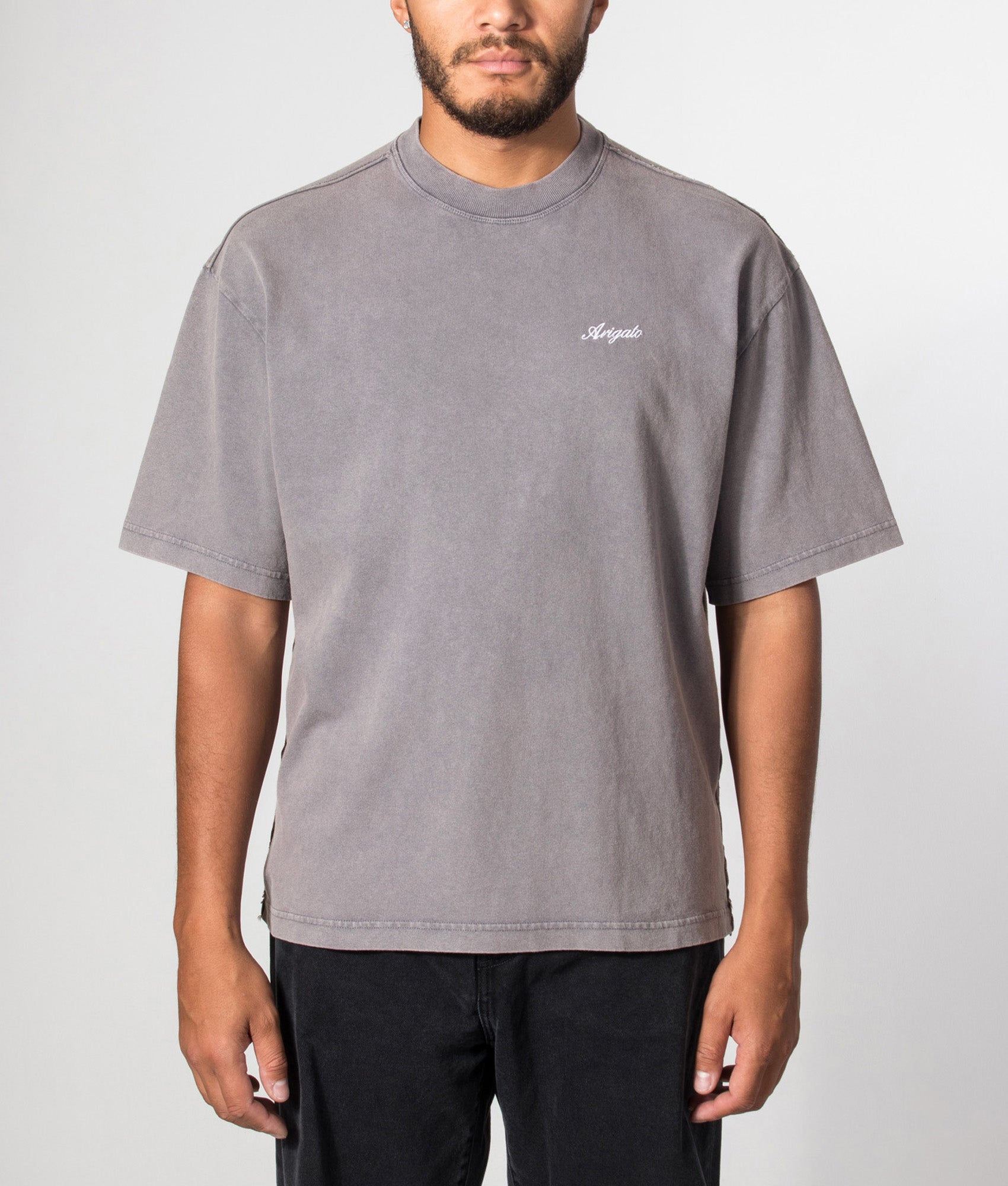 Axel Arigato Oversized Fit Honor Washed T-Shirt in Smoke Grey at EQVVS Menswear. Model front shot.