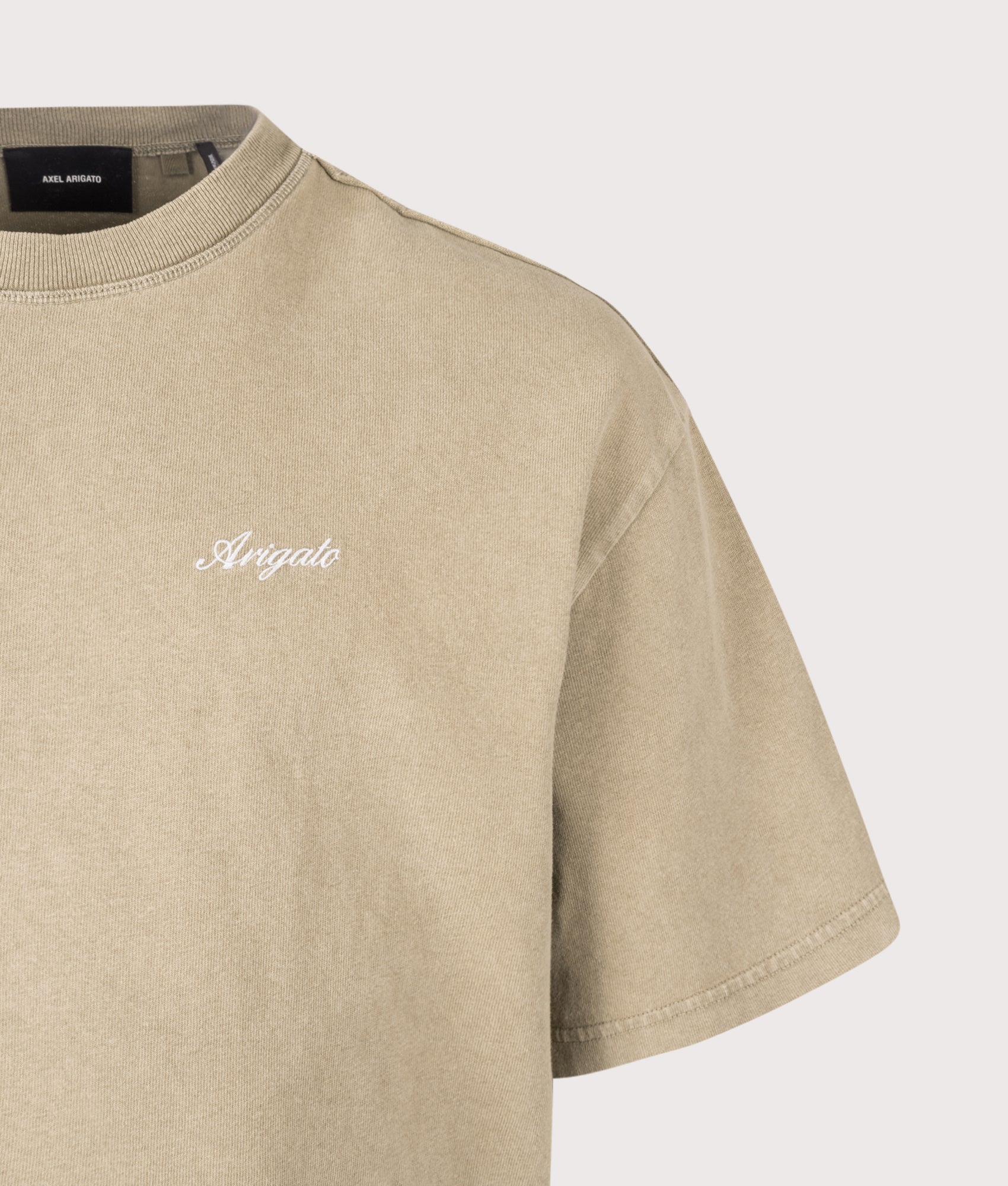 Axel Arigato Oversized Fit Honor Washed T-Shirt in Olive Green at EQVVS Menswear. Detail shot.