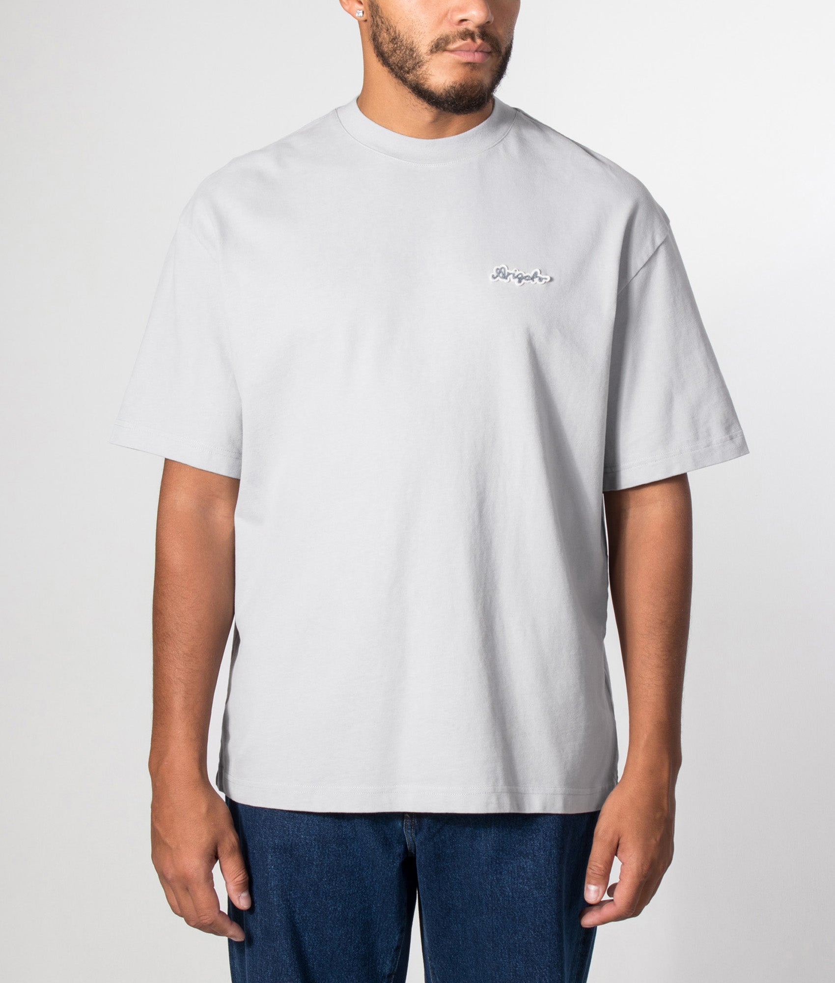Axel Arigato Oversized Fit Trace T-Shirt in Stone Blue at EQVVS Menswear. Model front shot.