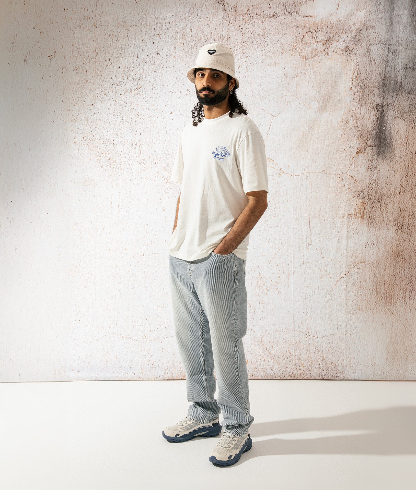 HUGO Natopu T-Shirt in Open White. Shot at EQVVS. campaign shot. 