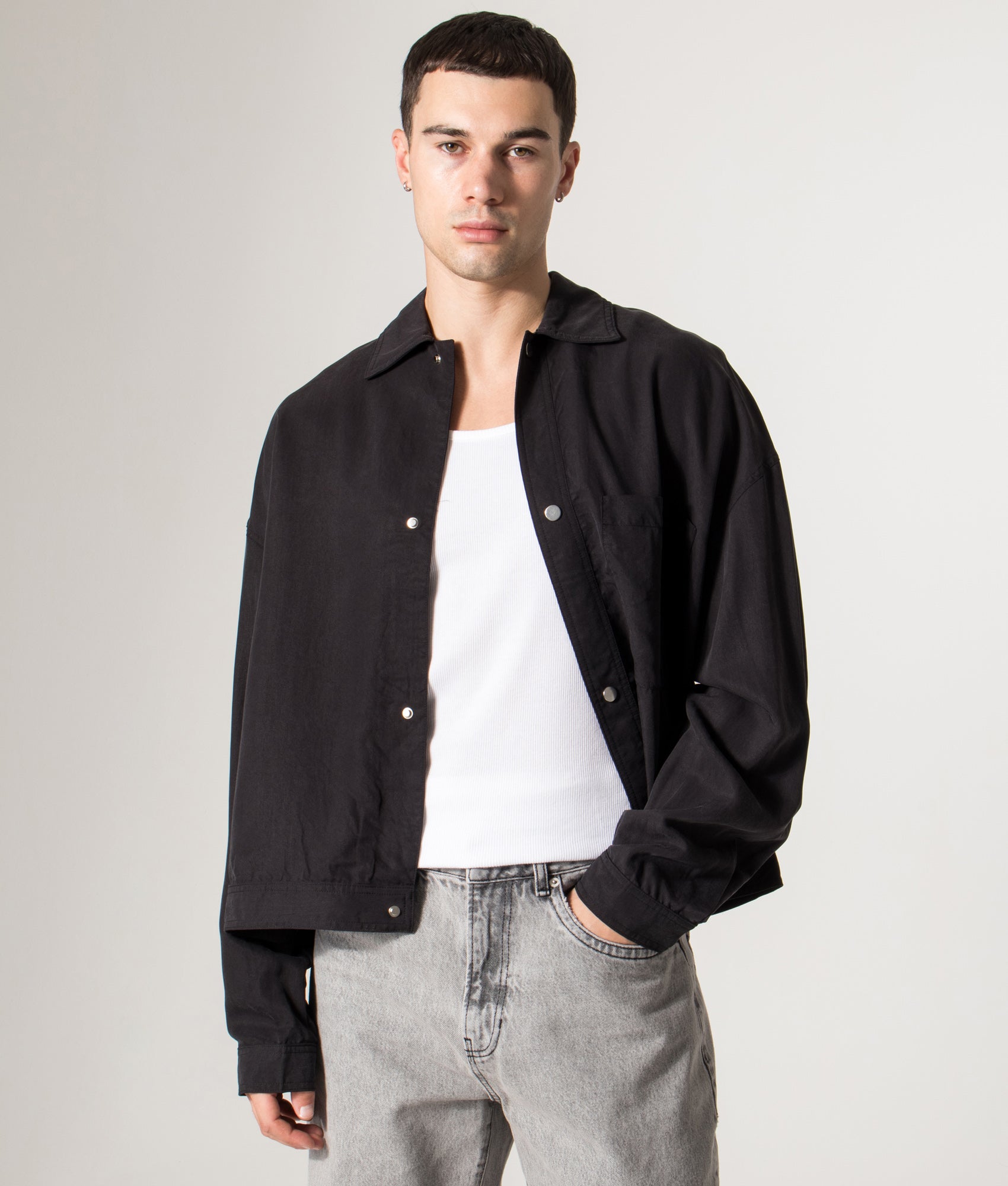 Sandwash Cupro Trucker Jacket in Black | MKI MIYUKI ZOKU | Shot at EQVVS | Front model shot