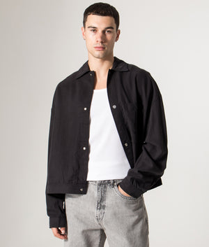 Sandwash Cupro Trucker Jacket in Black | MKI MIYUKI ZOKU | Shot at EQVVS | Front model shot