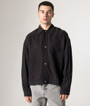 Sandwash Cupro Trucker Jacket in Black | MKI MIYUKI ZOKU | Shot at EQVVS | Front model shot