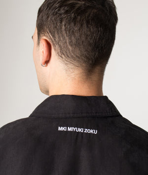 Sandwash Cupro Trucker Jacket in Black | MKI MIYUKI ZOKU | Shot at EQVVS | Back detail model shot