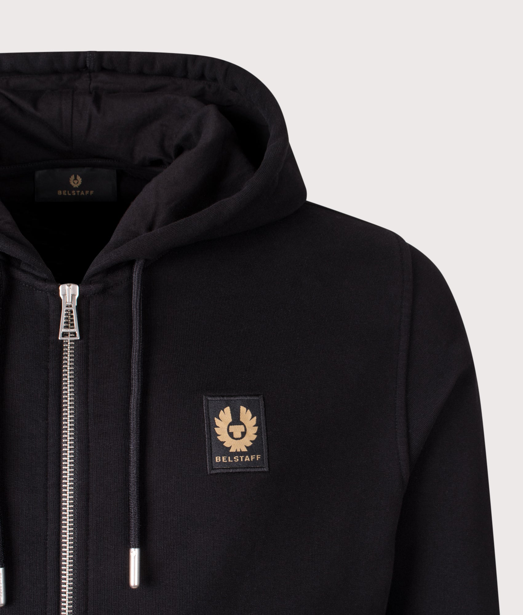Belstaff Full Zip Hoodie in Black at EQVVS Menswear. Detail shot.