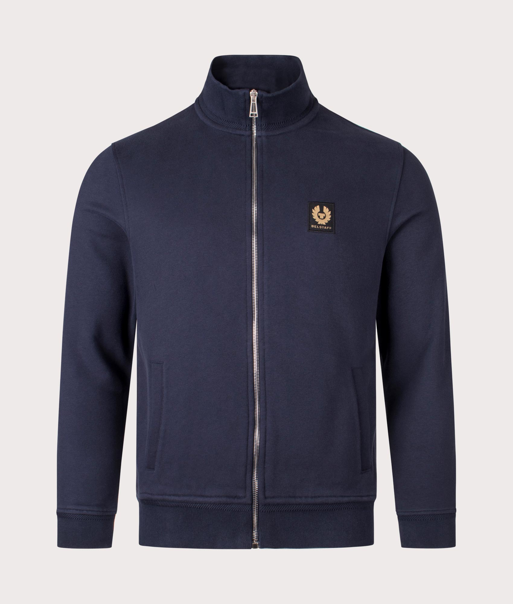 Belstaff Zip Through Sweatshirt in Dark Ink. EQVVS Front Angle Shot.
