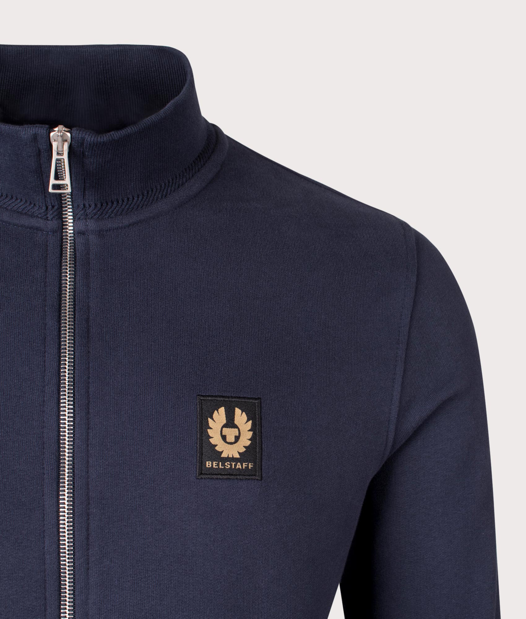 Belstaff Zip Through Sweatshirt in Dark Ink. EQVVS Detail Shot.