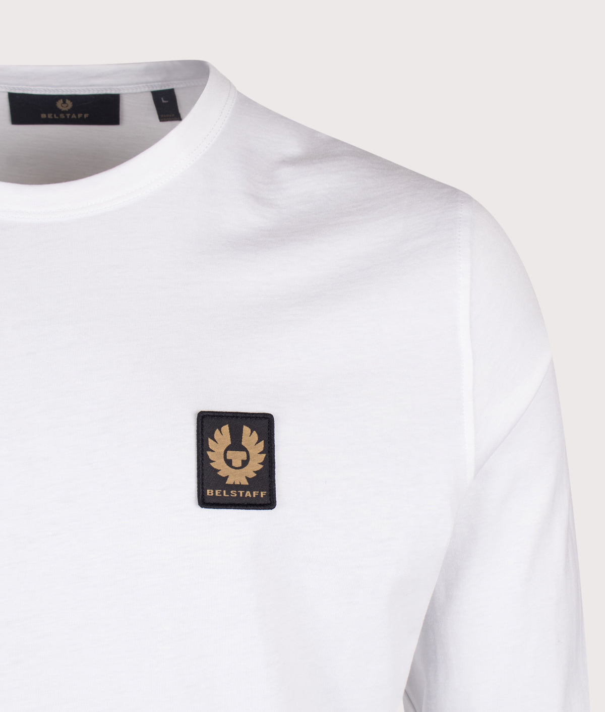 Belstaff Regular Fit Belstaff Long Sleeved T-Shirt in White at EQVVS Menswear. Detail shot.