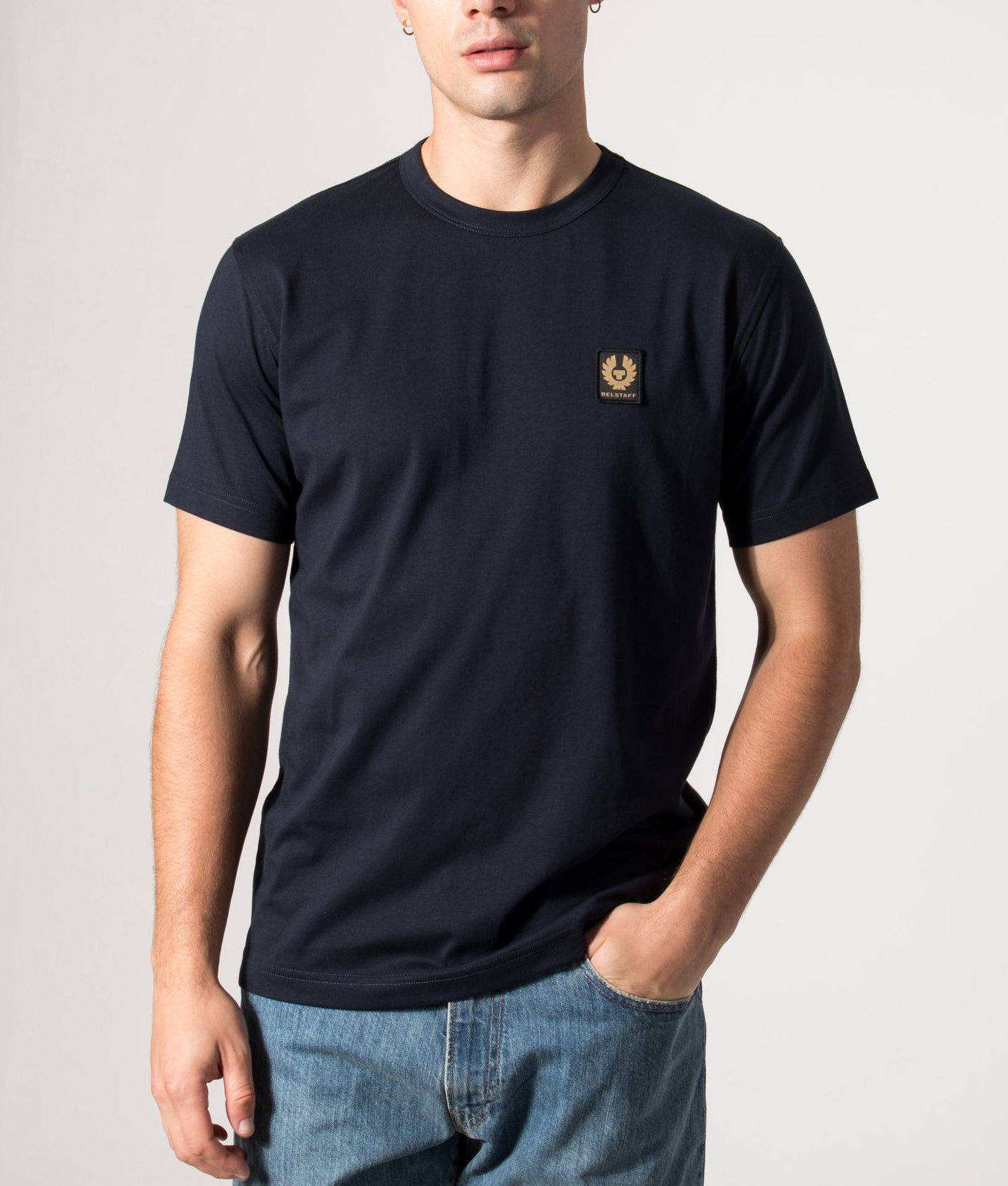 Belstaff T-Shirt in Dark Ink at EQVVS Menswear. Model front shot.