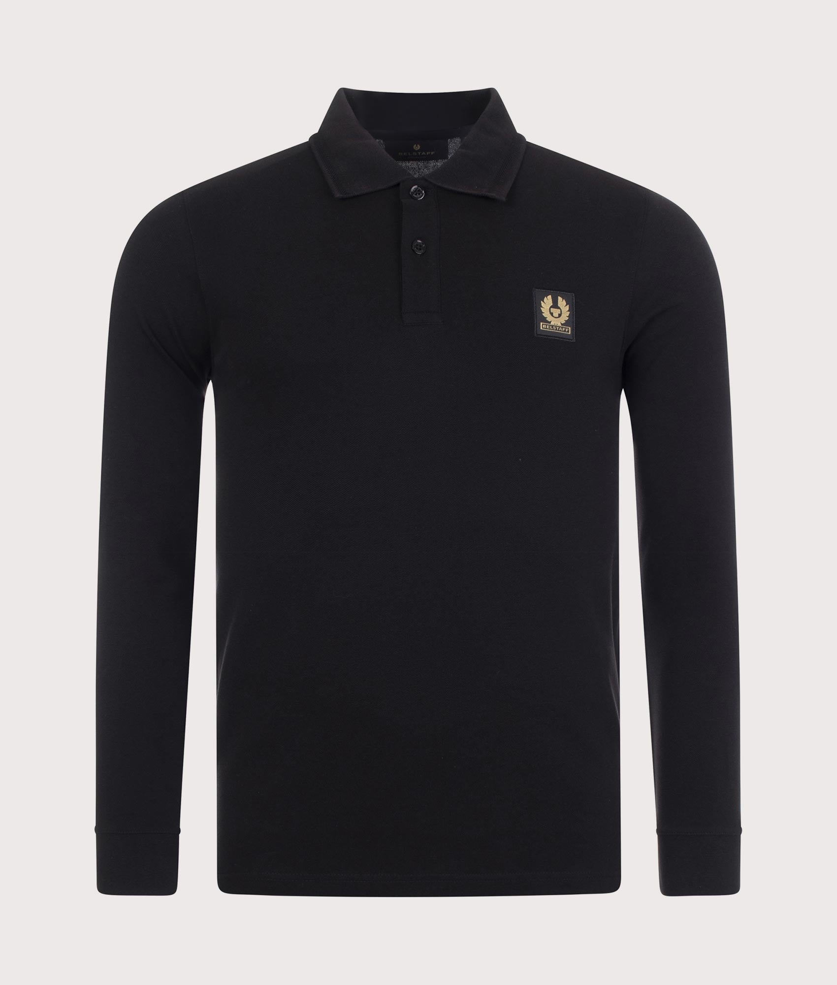  Belstaff Long Sleeve Polo Shirt in Black at EQVVS Menswear. Front shot.