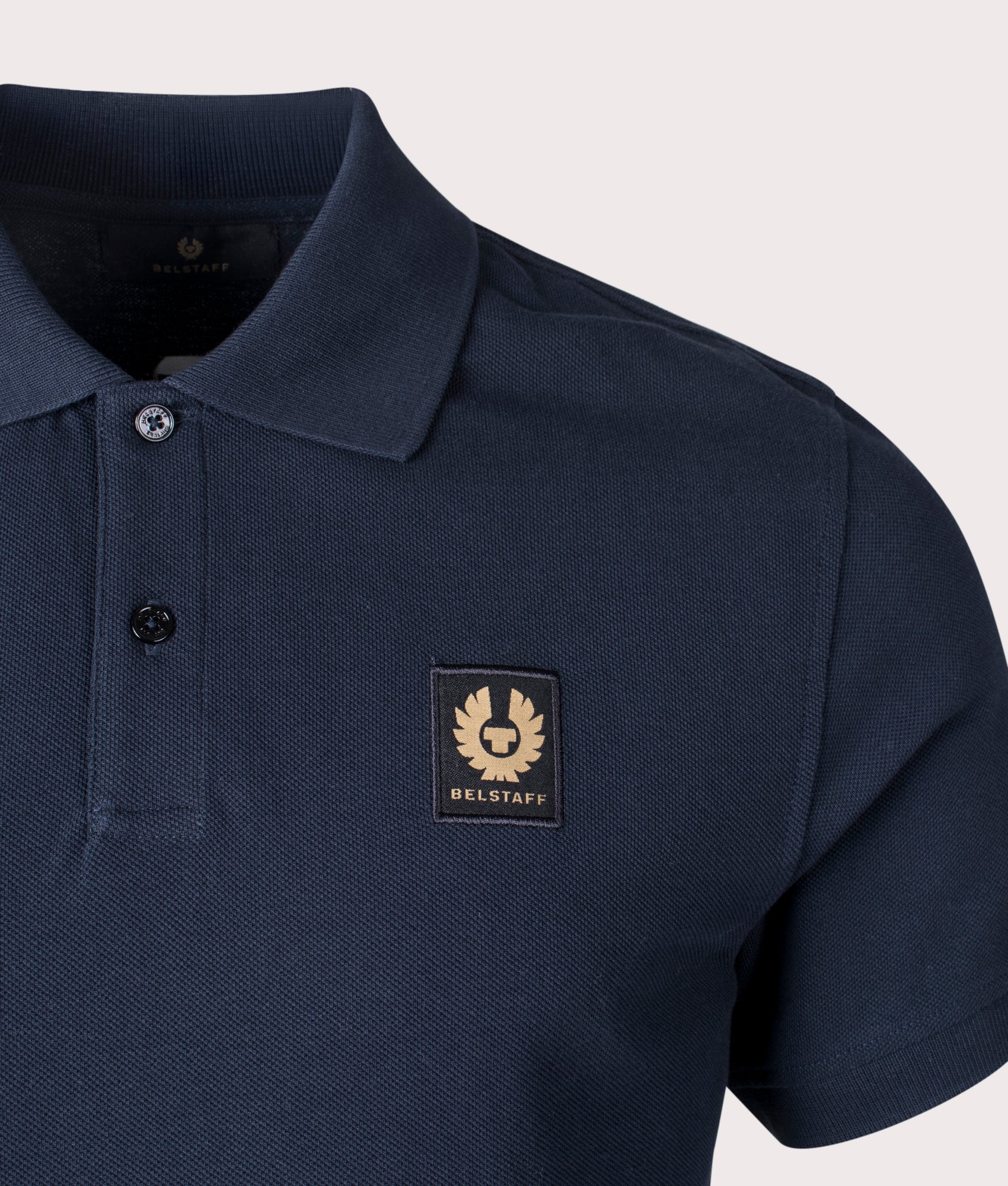Belstaff Polo Shirt in Dark Ink Blue at EQVVS Menswear. Detail shot.
