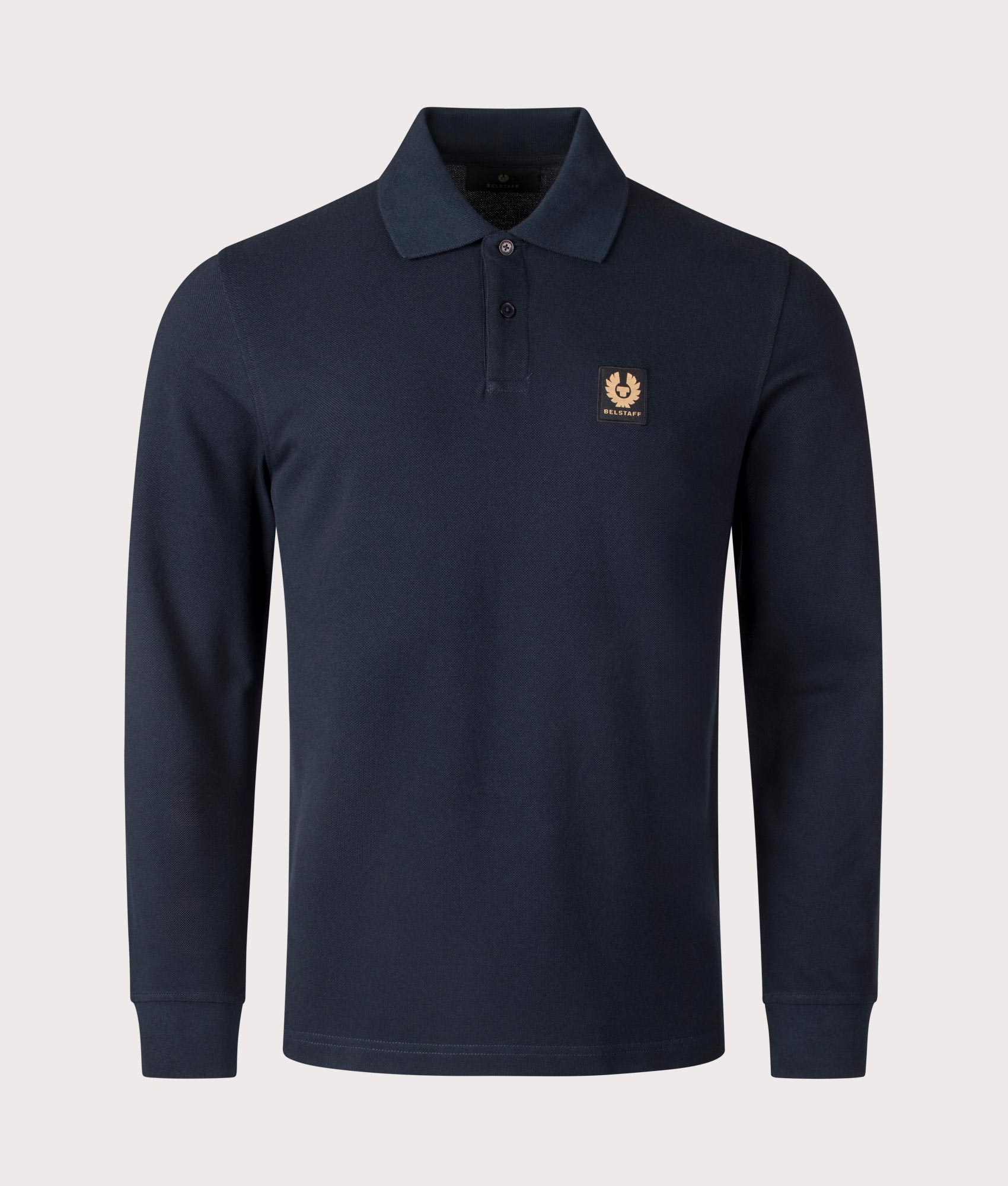 Belstaff Long Sleeve Polo Shirt in Dark Ink at EQVVS Menswear. Front detail shot
