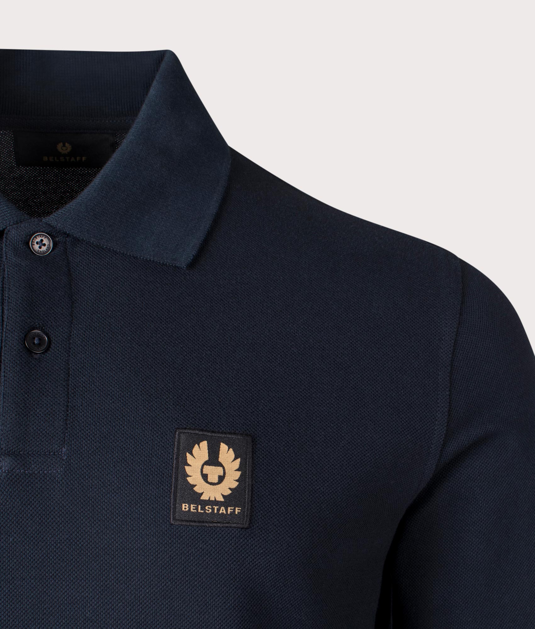 Belstaff Long Sleeve Polo Shirt in Dark Ink at EQVVS Menswear. Front detail shot