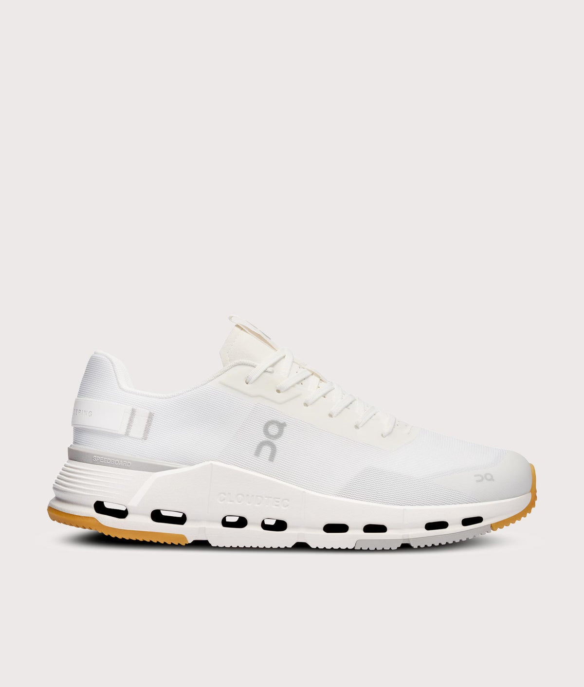 On Cloudnova Form 2 Sneakers in White and Ivory at EQVVS Menswear. Side shot.