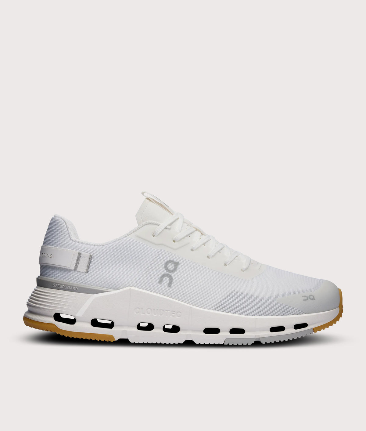 On Cloudnova Form 2 Sneakers in White and Ivory at EQVVS Menswear. Side shot.