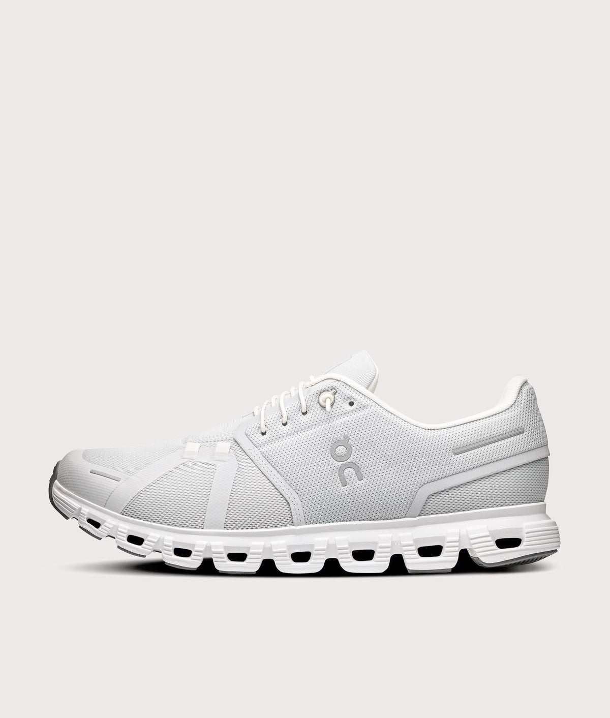 On Cloud 6 Sneakers in Glacier and White at EQVVS Menswear. Side shot.
