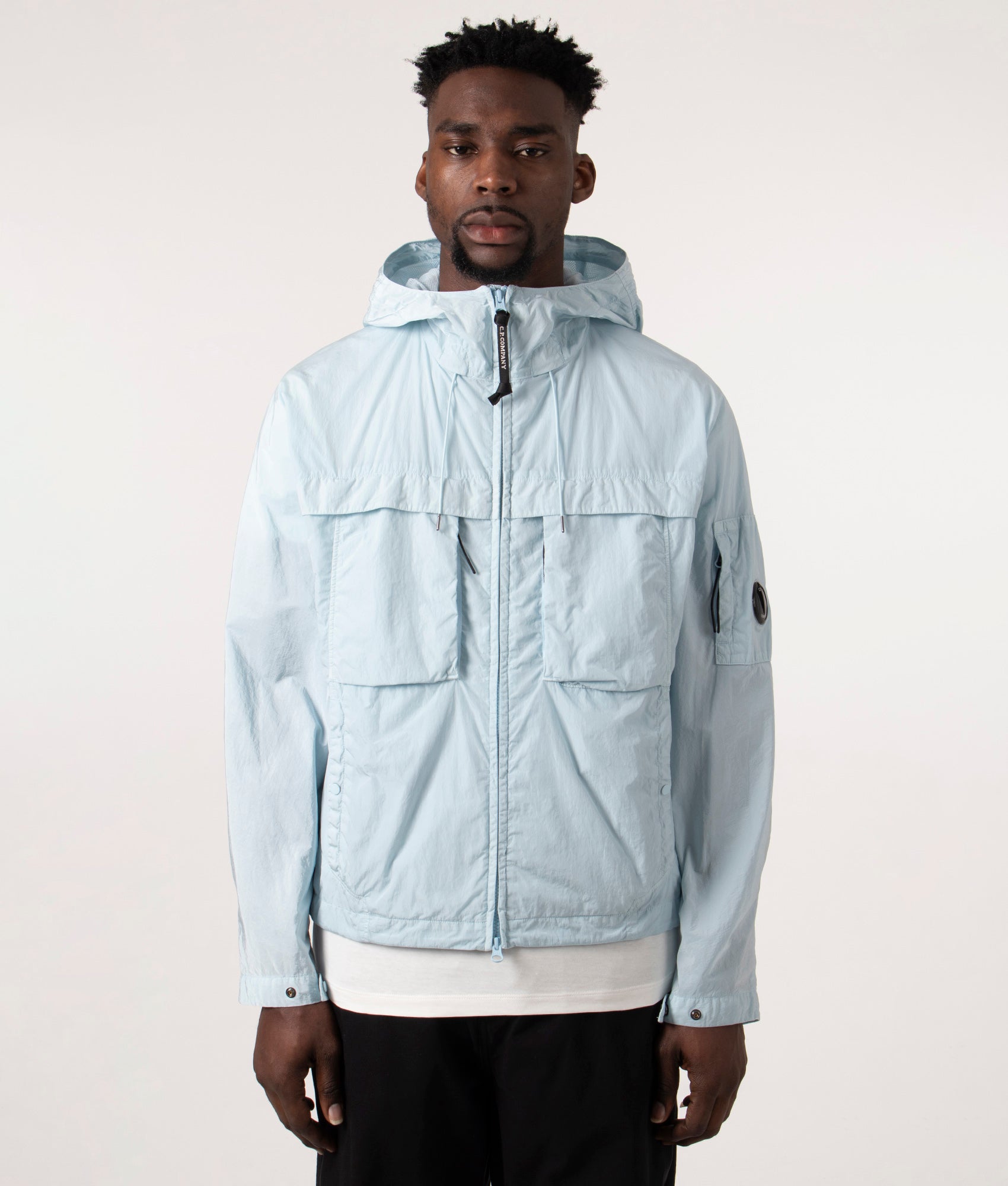 CP Company Chrome-R Hooded Jacket in Starlight Blue, 100% Polyamide Zipped Up Shot at EQVVS