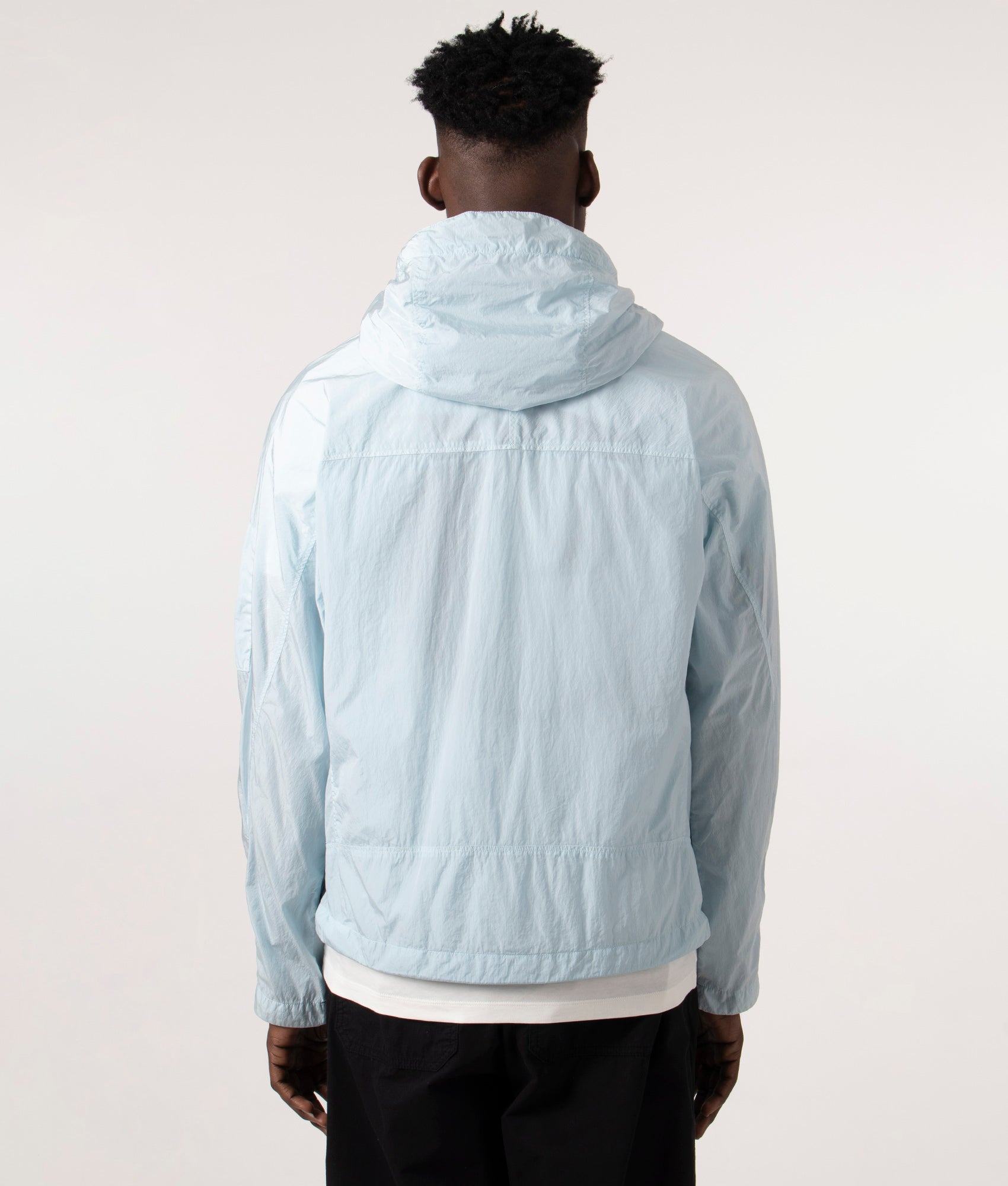 CP Company Chrome-R Hooded Jacket in Starlight Blue, 100% Polyamide Back Shot at EQVVS