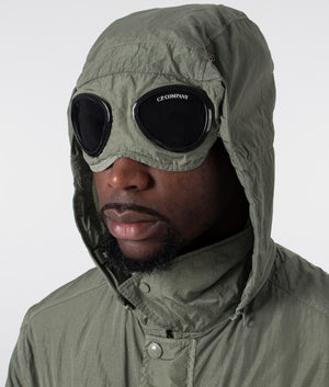 CP Company Chrome-R Goggle Utility Jacket in Agave Green, 100% Polyamide Close Up Goggle Shot at EQVVS